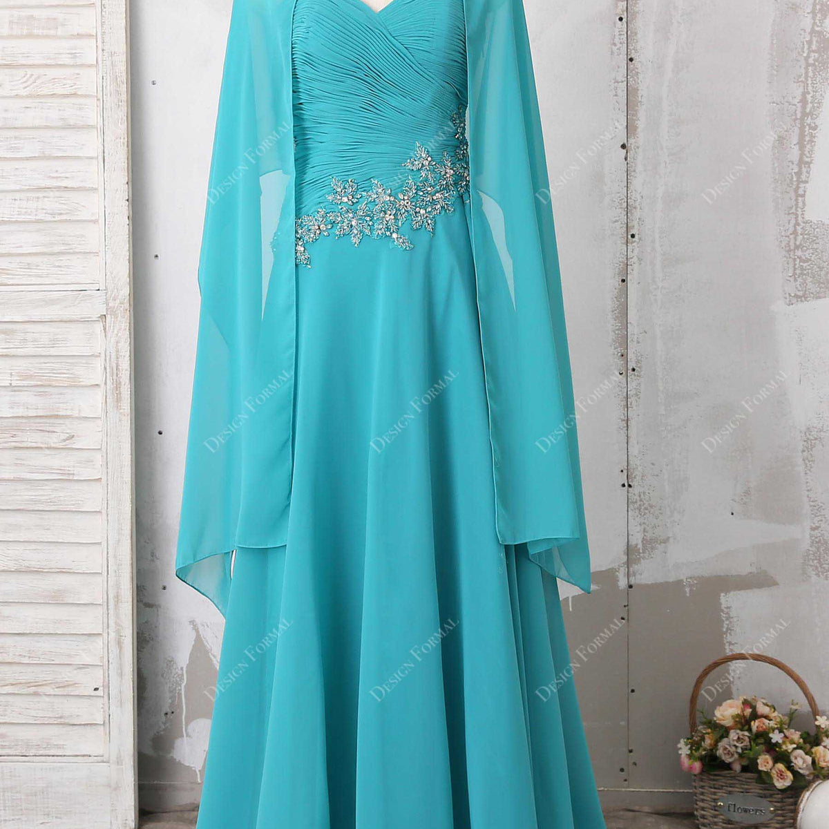 Aqua Beaded Chiffon Elegant Cape Scarf Long A-line Bridesmaid Dress Aqua Beaded Chiffon Elegant Cape Scarf Long A-line Bridesmaid Dress