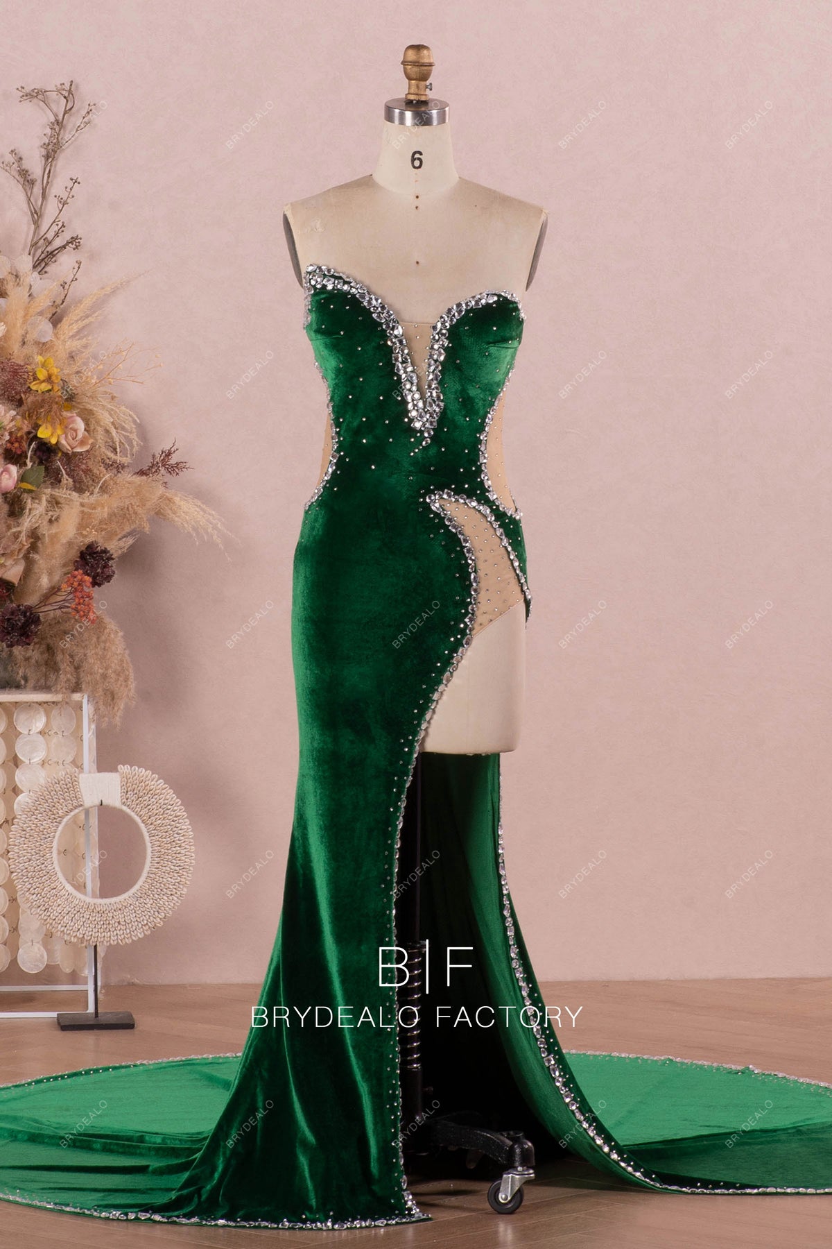 Emerald Asymmetric V-neck Cutout Rhinestone Unique Prom Dress