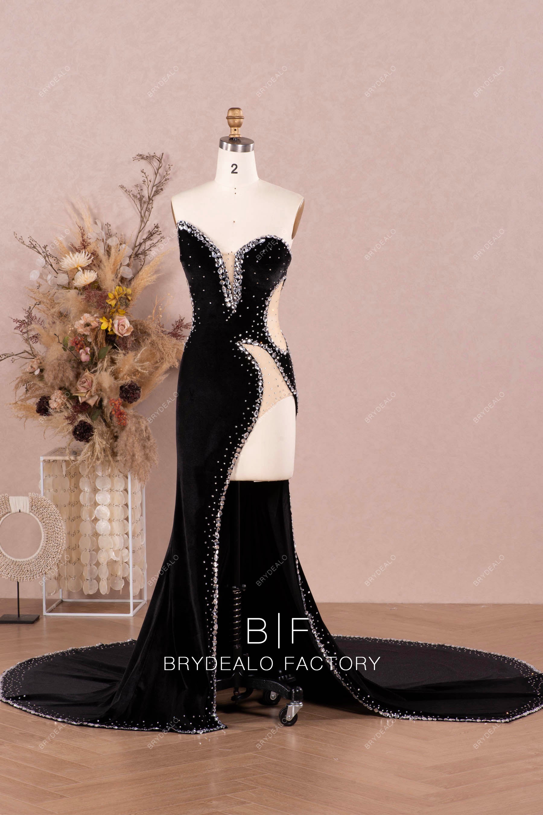 asymmetrical strapless unique high slit velvet prom dress