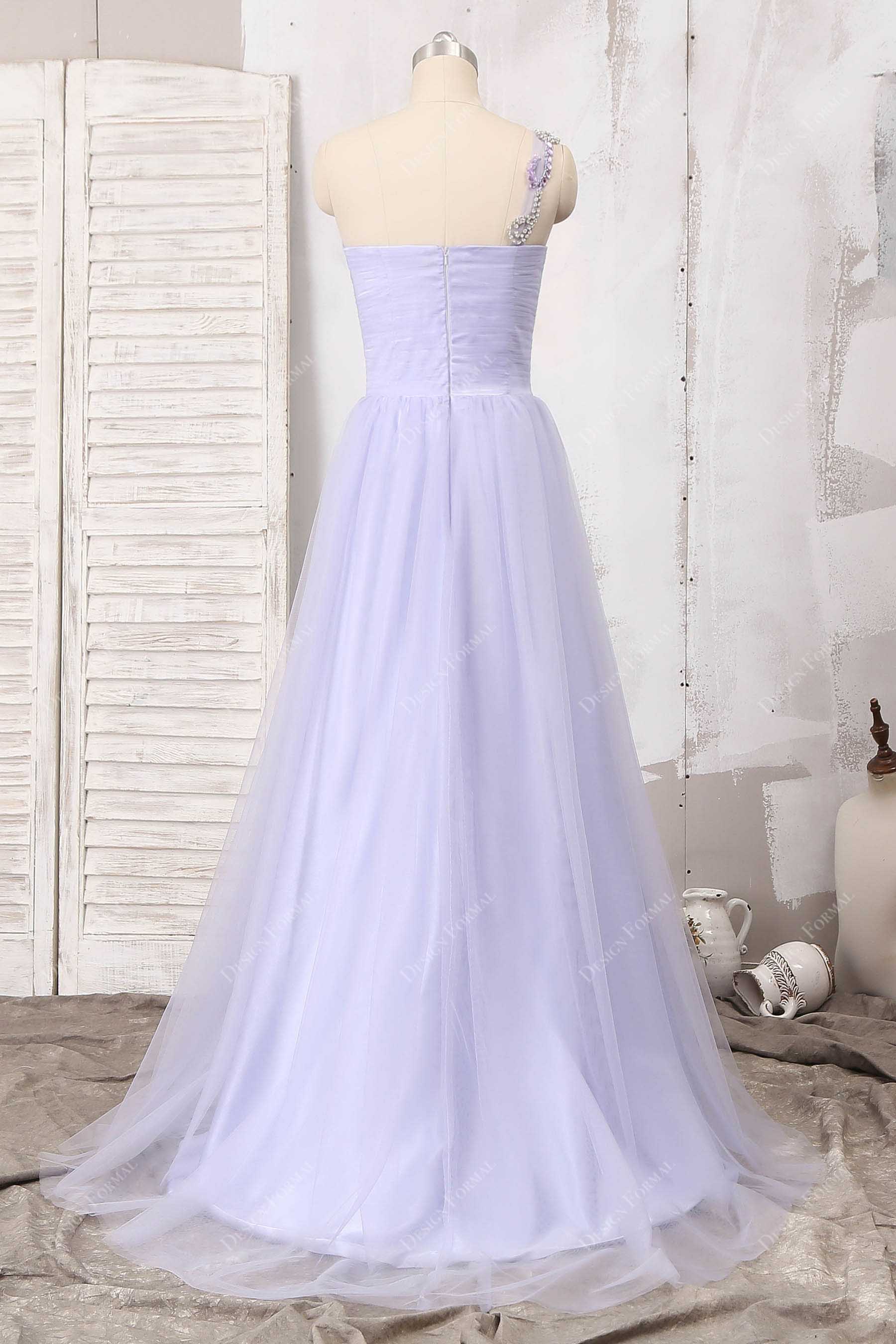 asymmetrical lilac ruched tulle prom dress