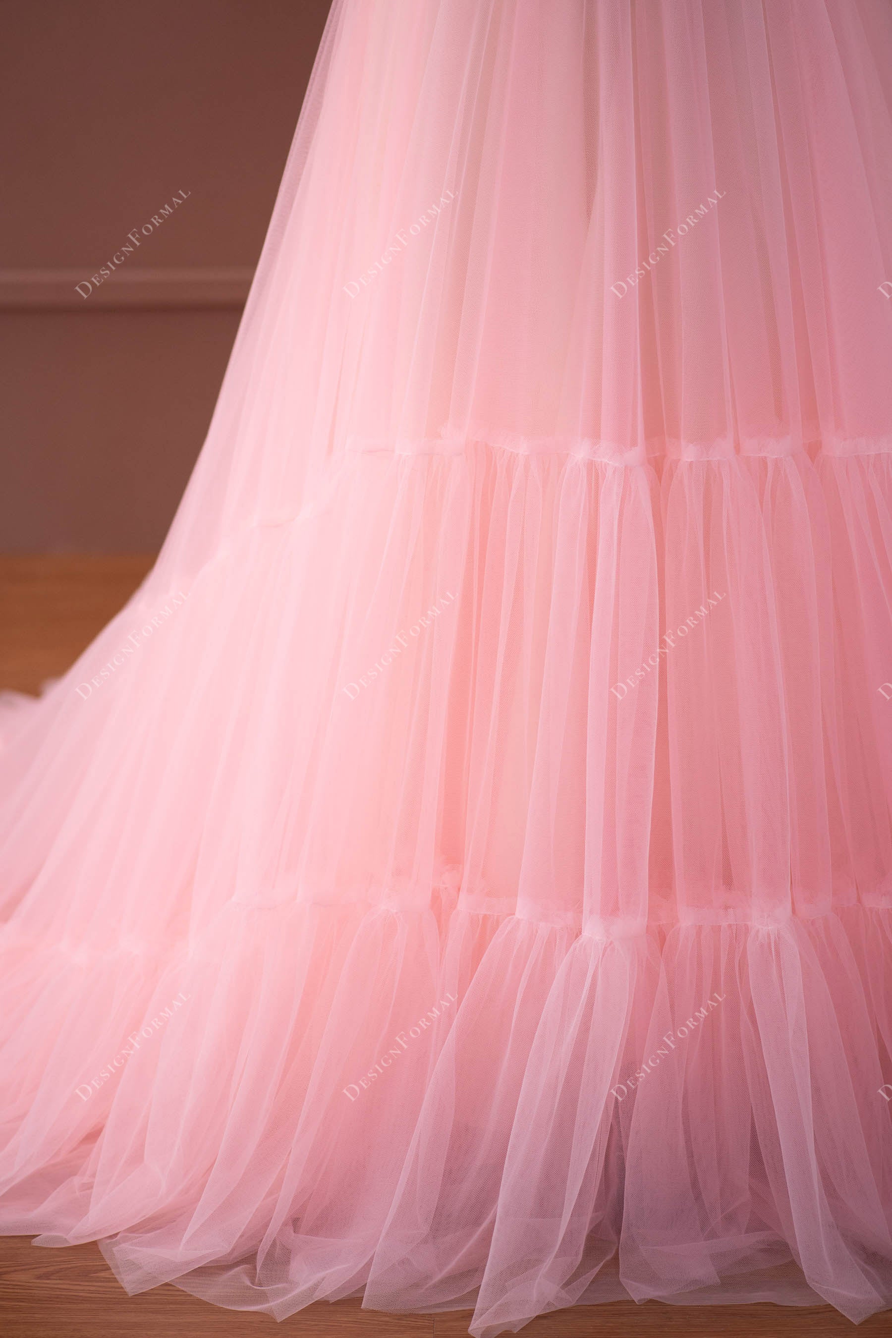 custom baby pink tiered tulle prom formal gown