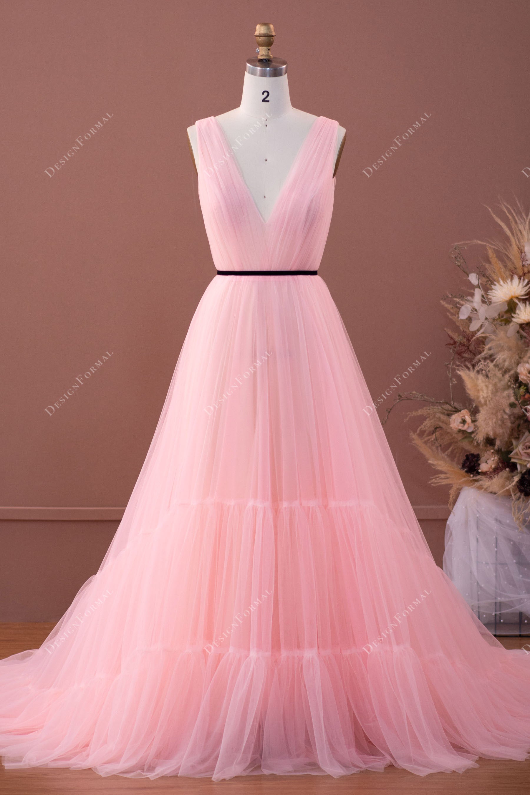 baby pink pleated bodice tiered tulle prom formal dress