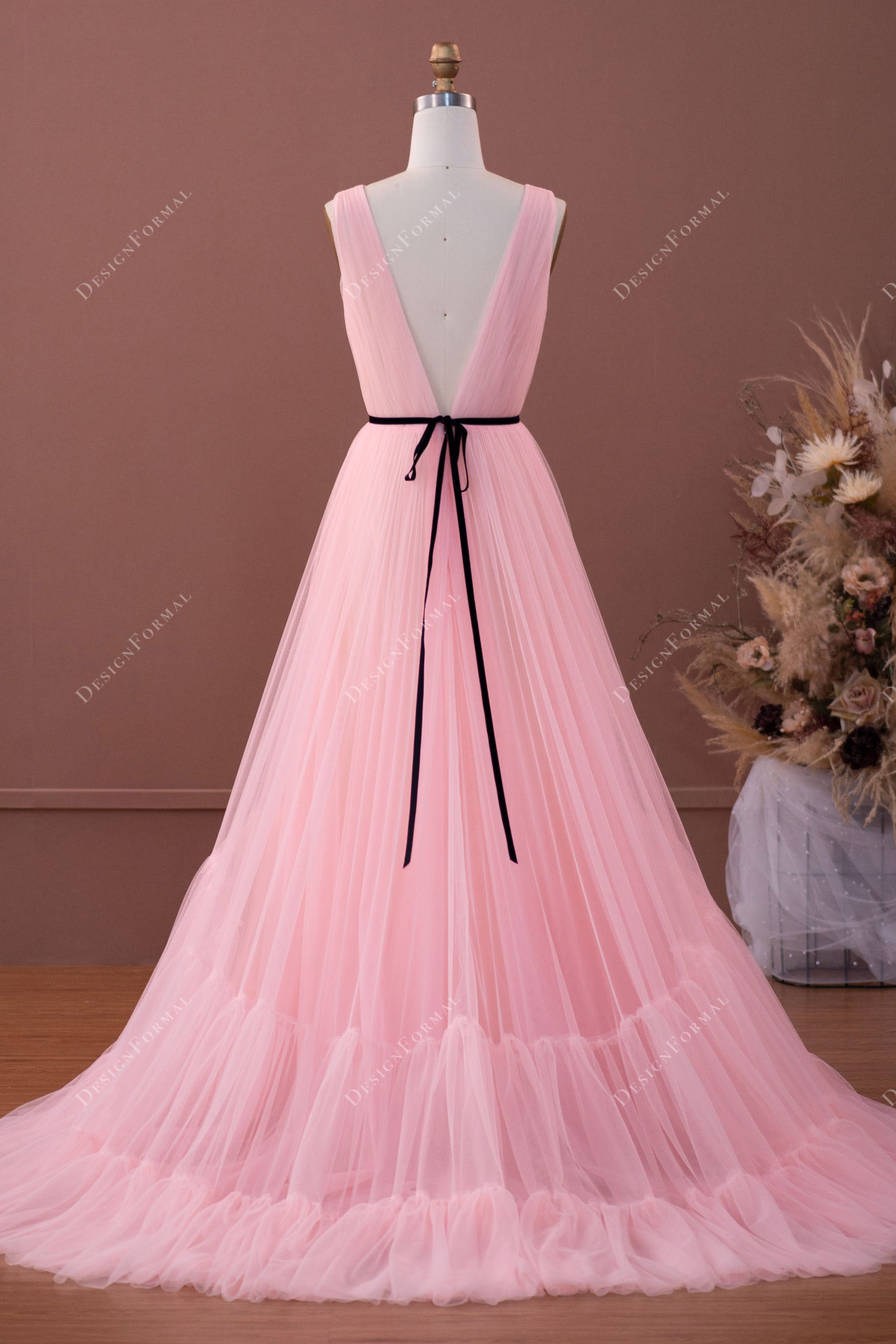baby pink tiered tulle V-back prom formal dress