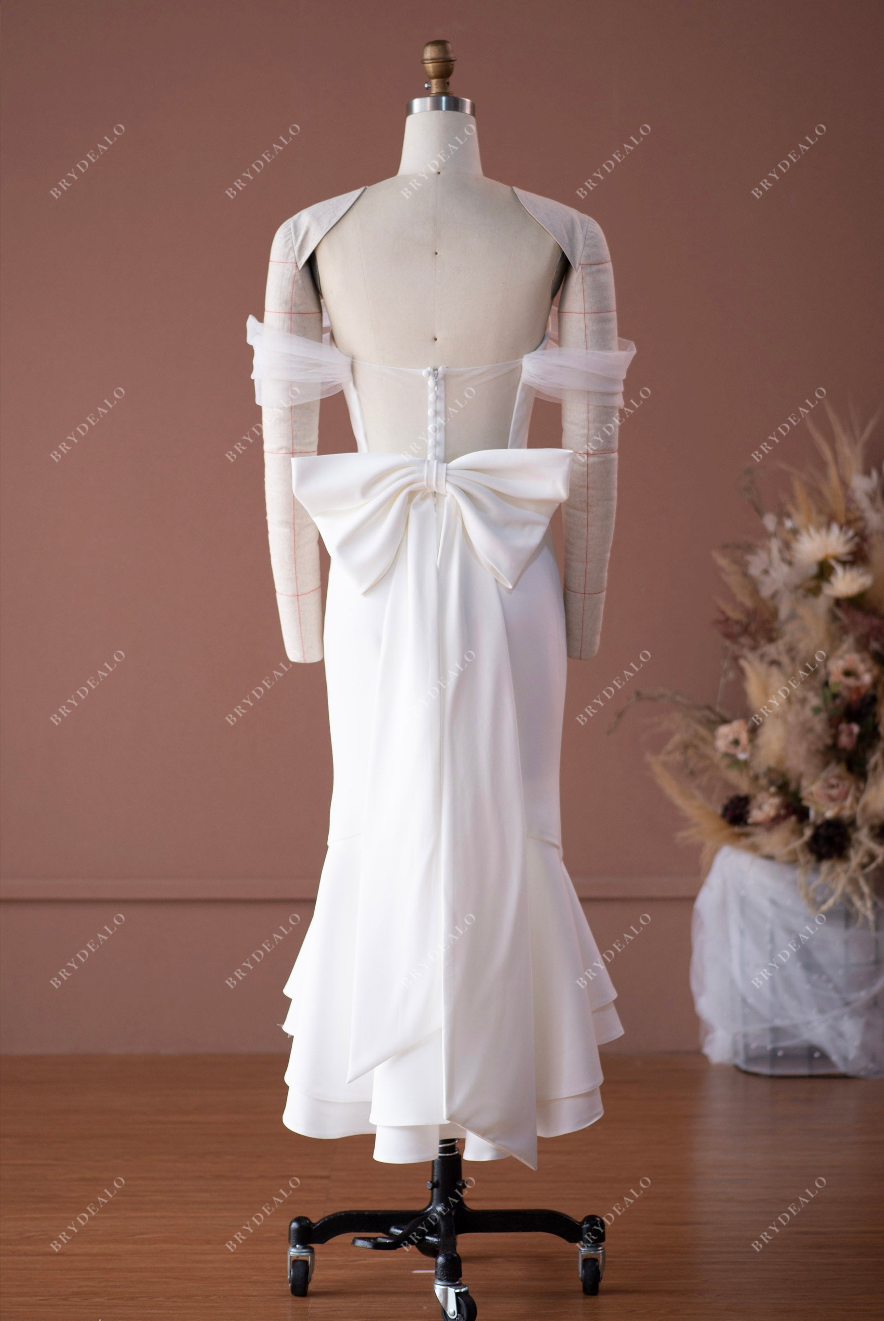 cute bow off-shoulder tea length fishtail bridal dress