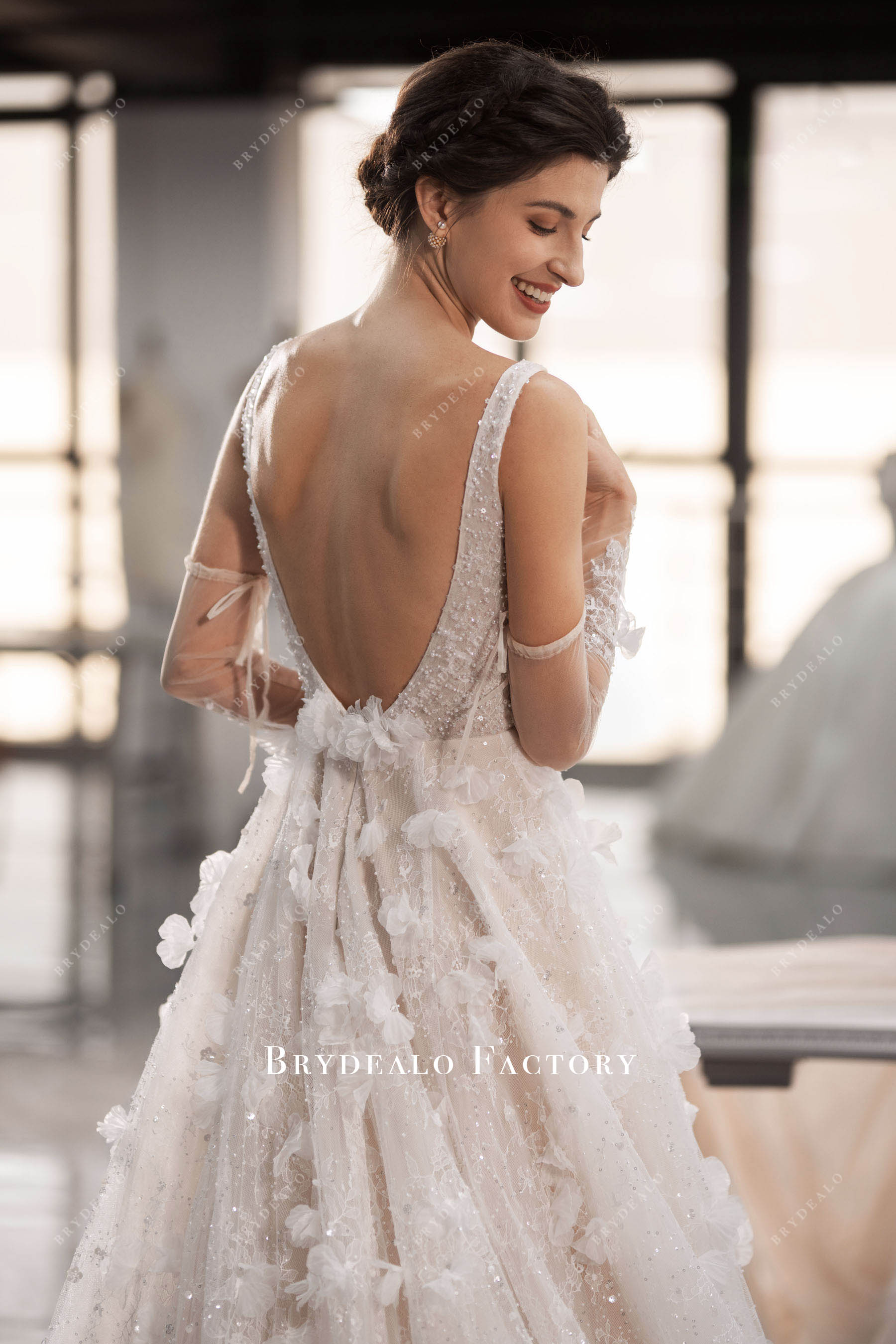 open back shimmery flower wedding dress