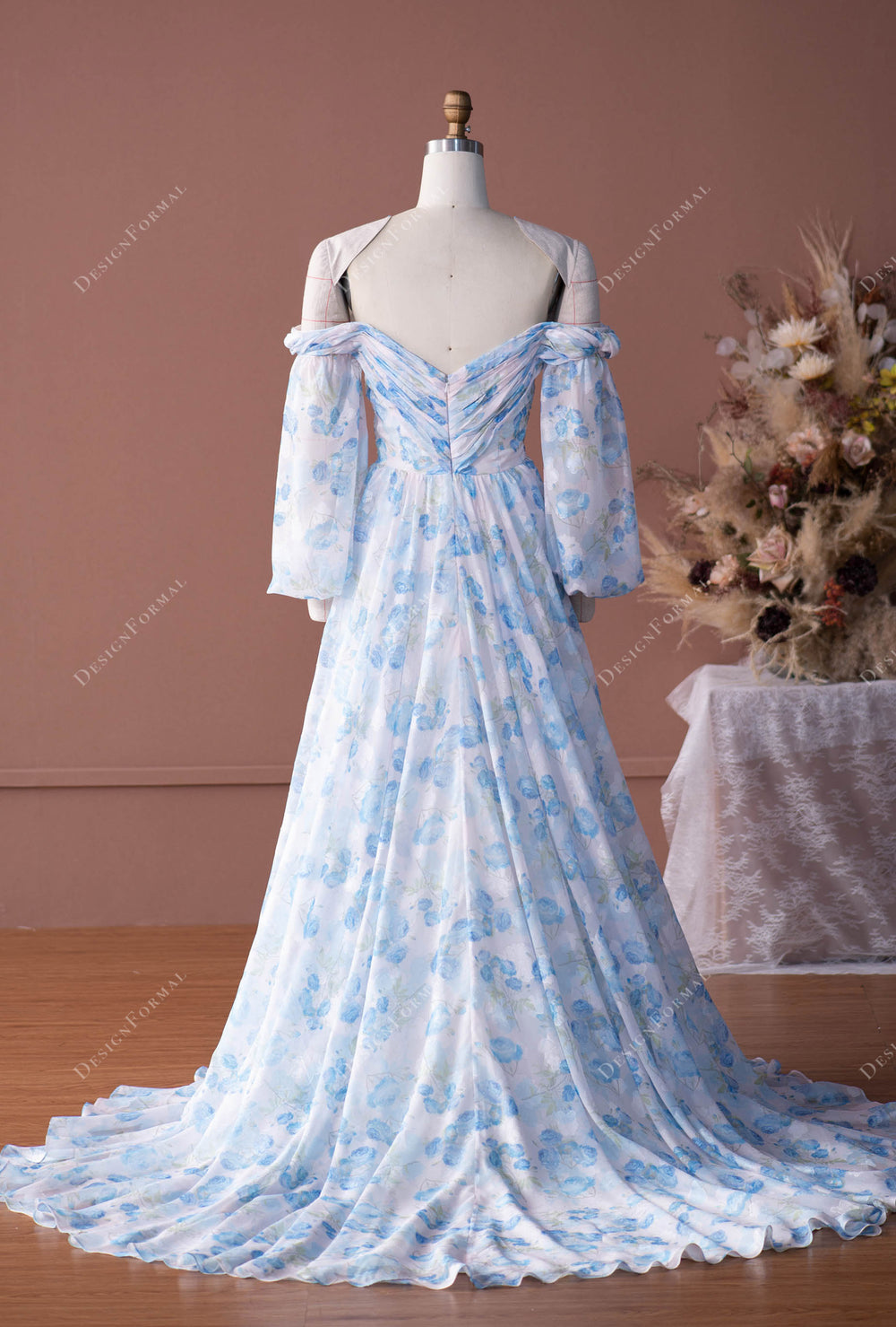 Floral Print Surplice Balloon Sleeve Dress