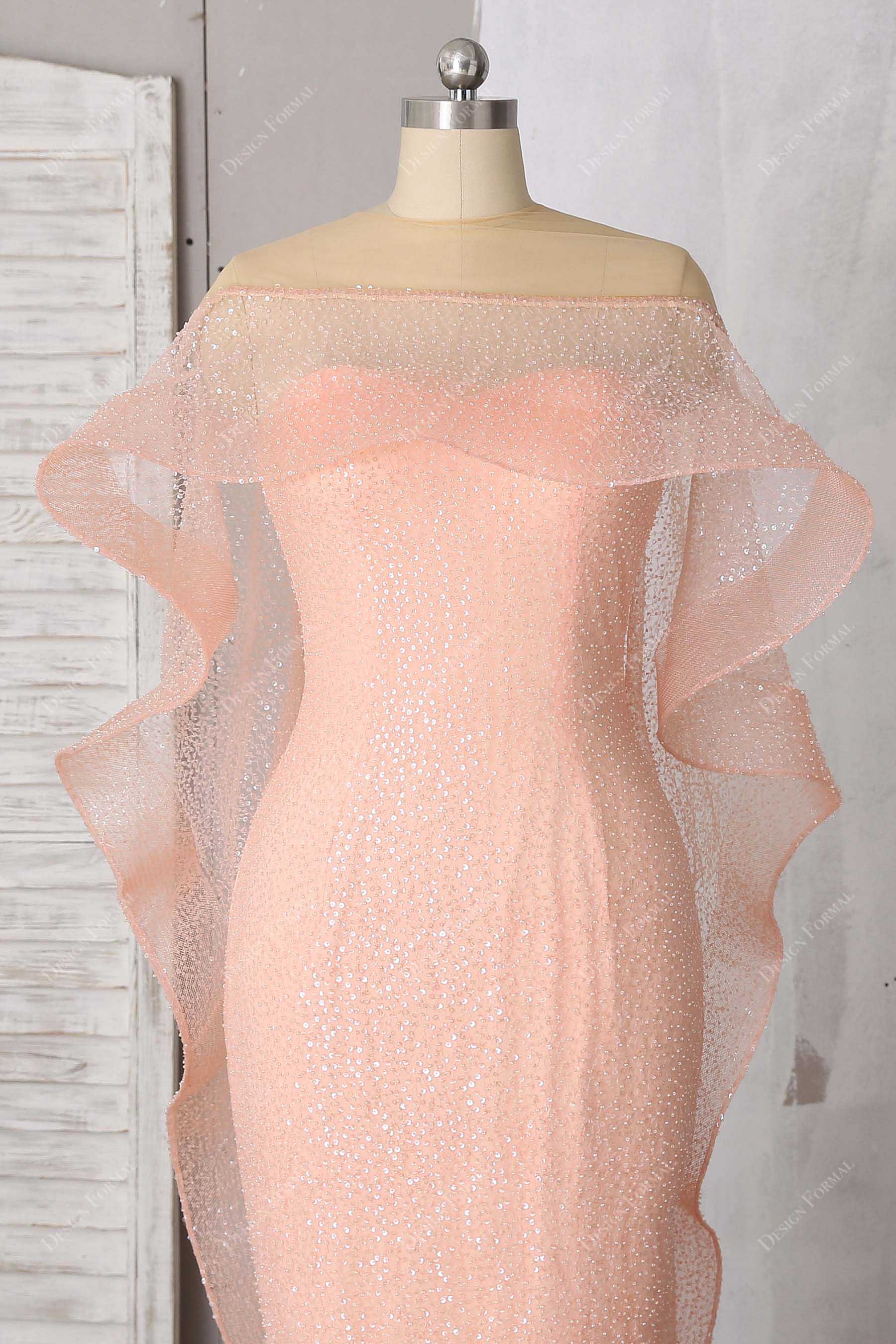 Peach Pink Glitter Cascading Cape Unique Prom Dress