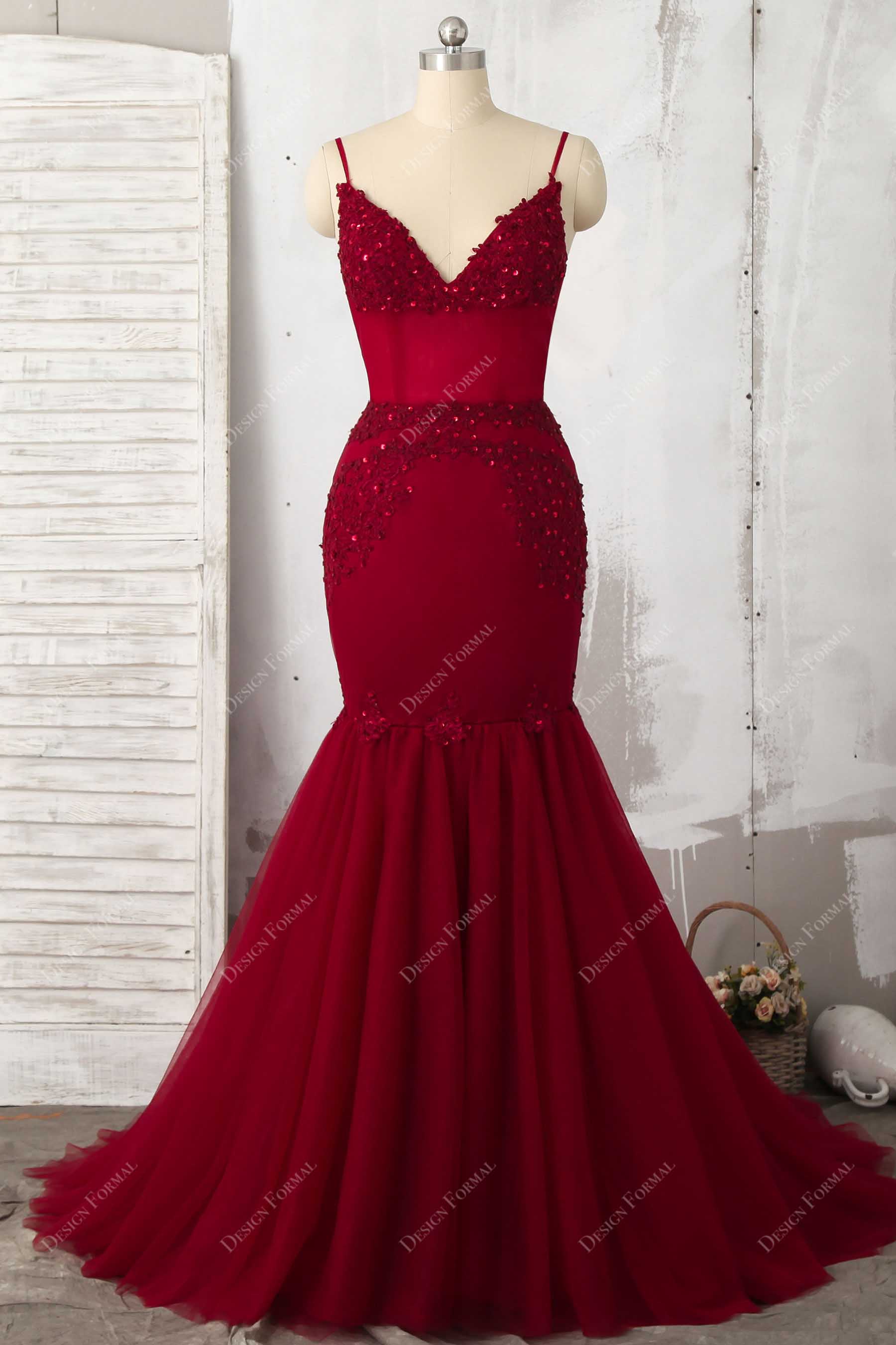 Red Lace Tulle Illusion Beaded Corset Trumpet Prom Dress
