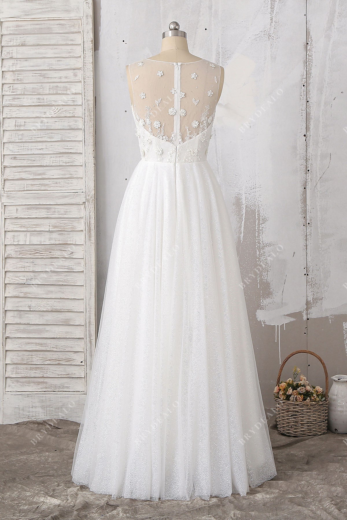 illusion back floor length wedding gown