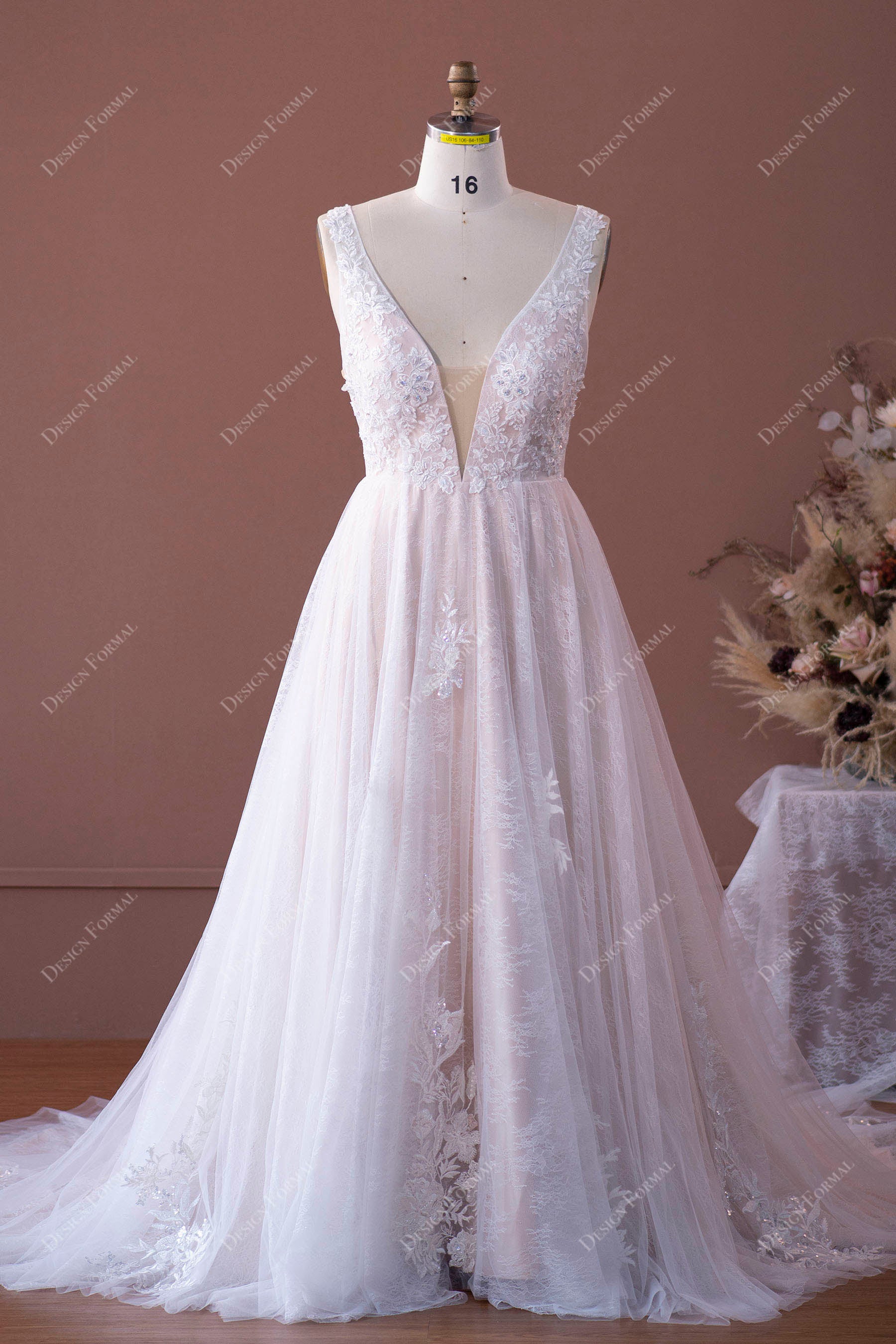 plus size plunging neck lace bridal gown