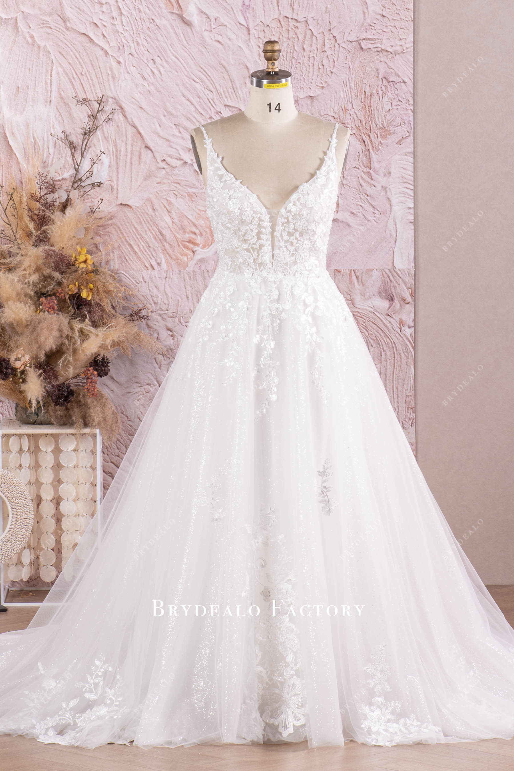 beautiful beaded flower lace Aline wedding dress