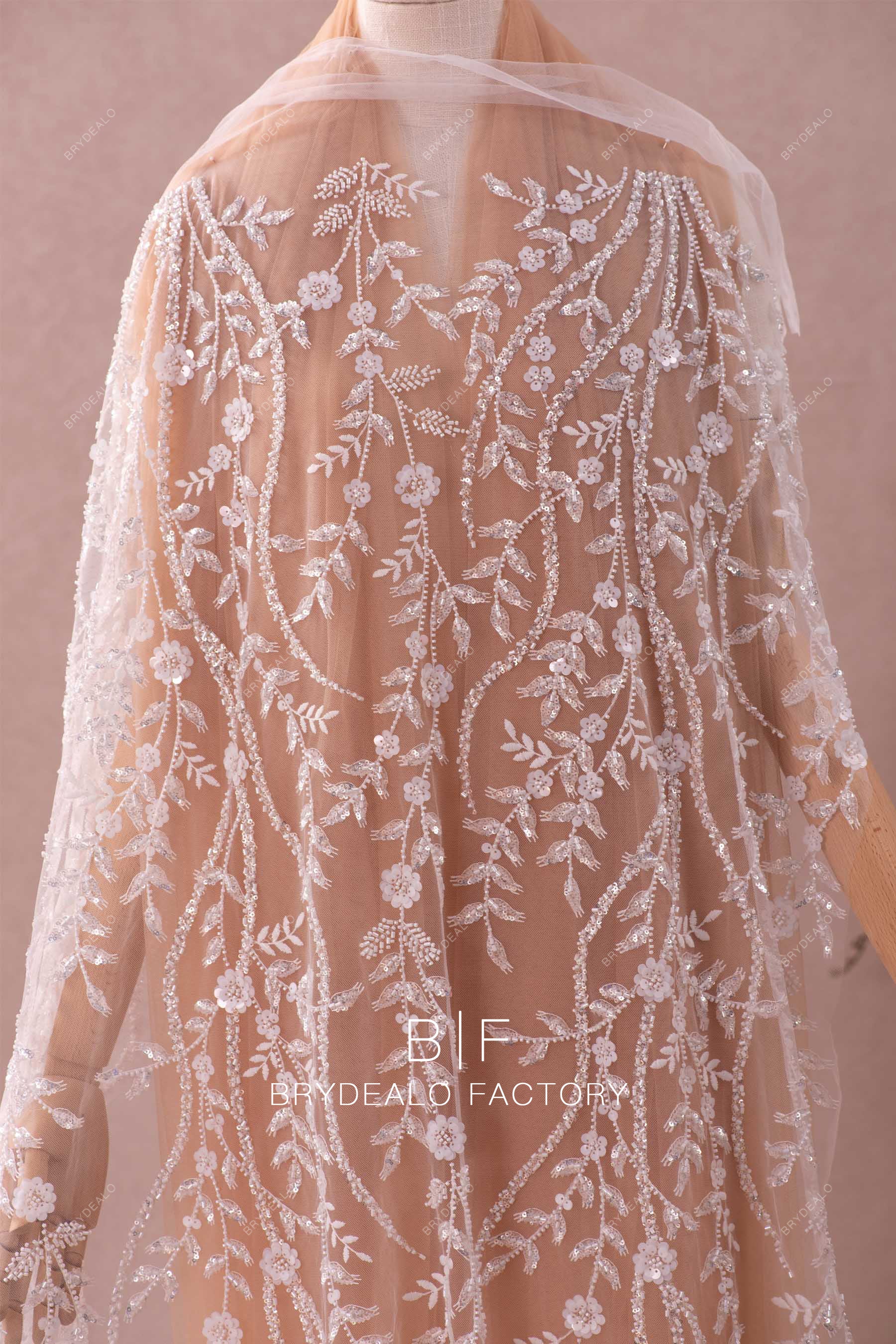 Matte Cream White Sequin Beading Flower Lace Fabric Online