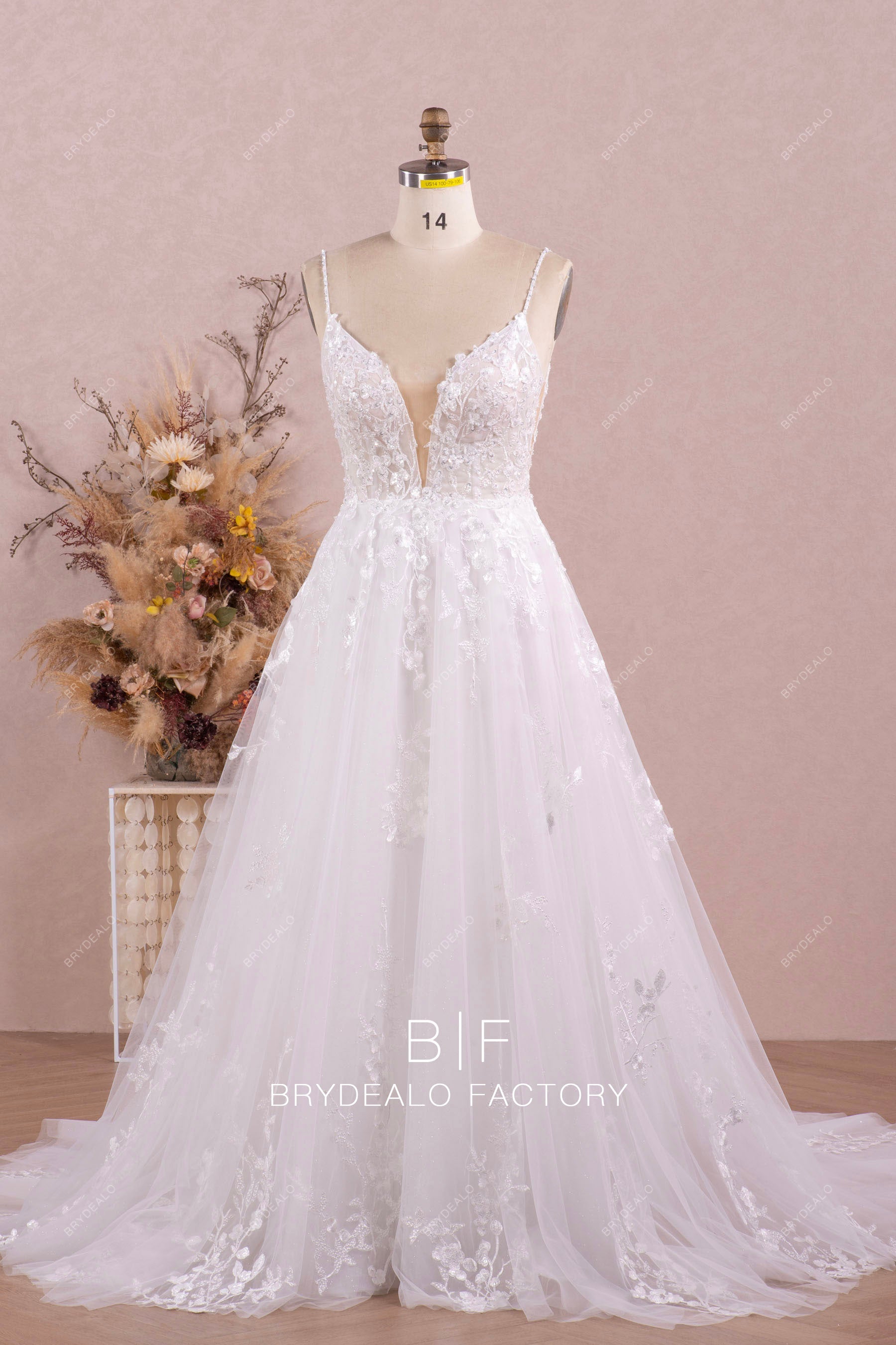 beaded flower lace plunging neck wedding dress