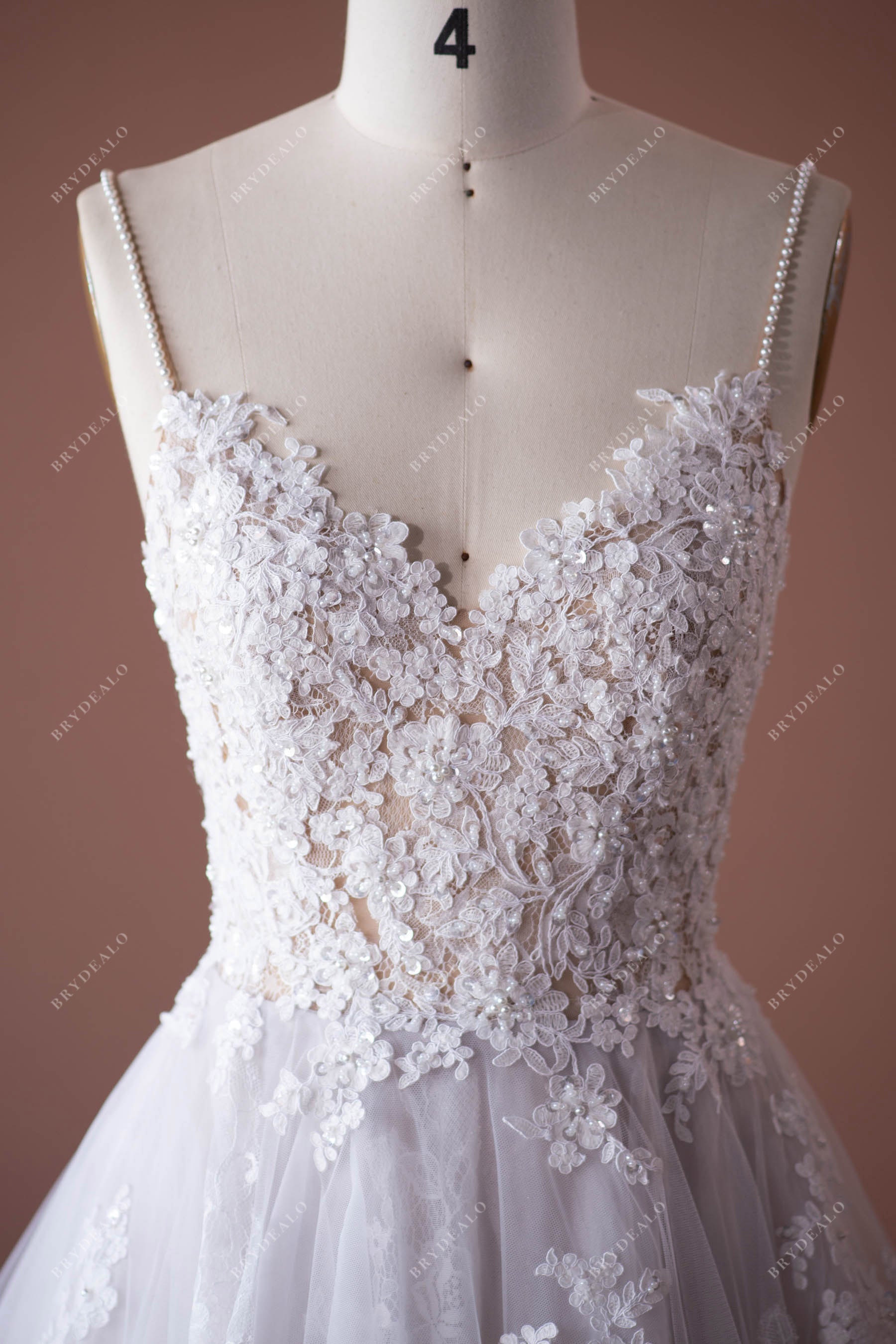 gorgeous lace beaded thin straps bridal gown