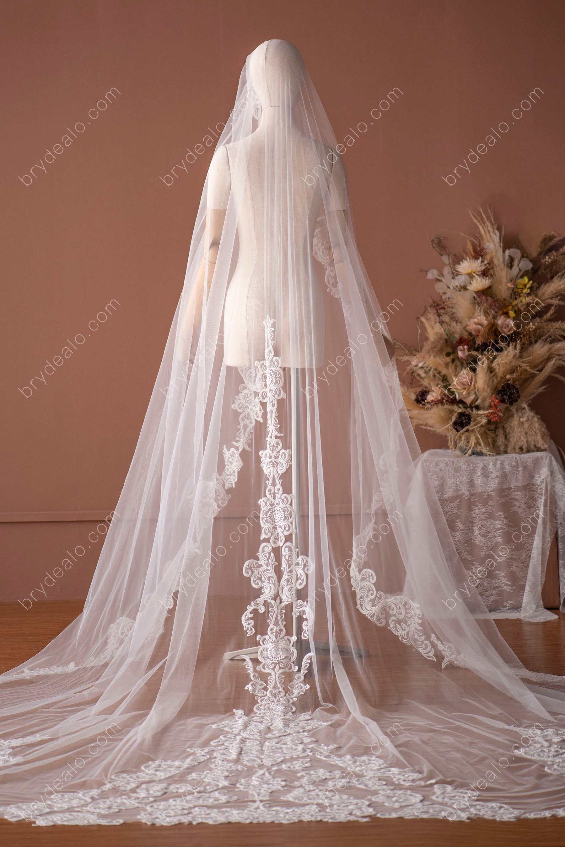 Luxury Beaded Lace Cathedral Length Comb Bridal Veil
