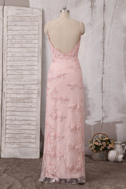 Dusty Pink Beaded Straps Sleeveless Evening Gown Pleated V Neck Sheath Side Slit Formal Dress main image 1