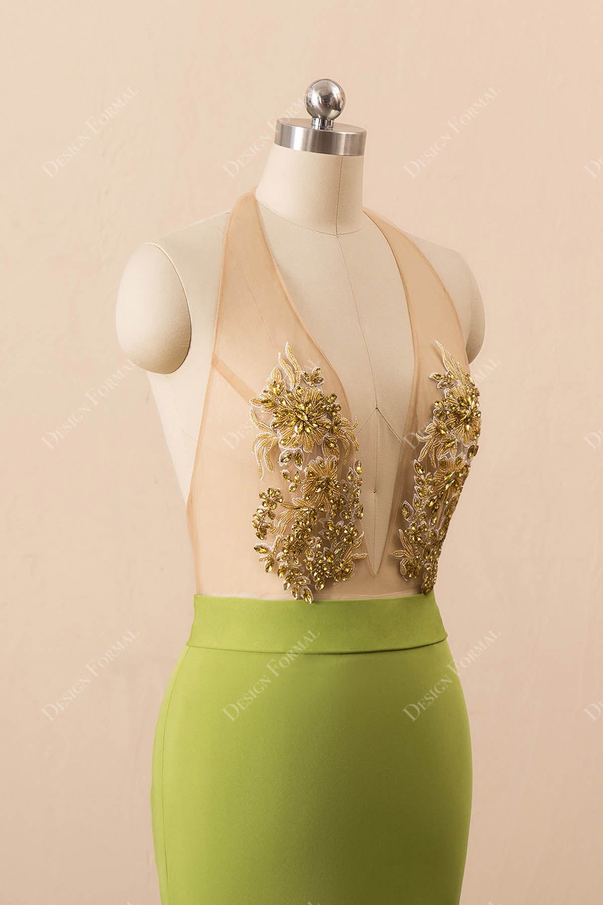 beaded lace gold sleeveless prom dress