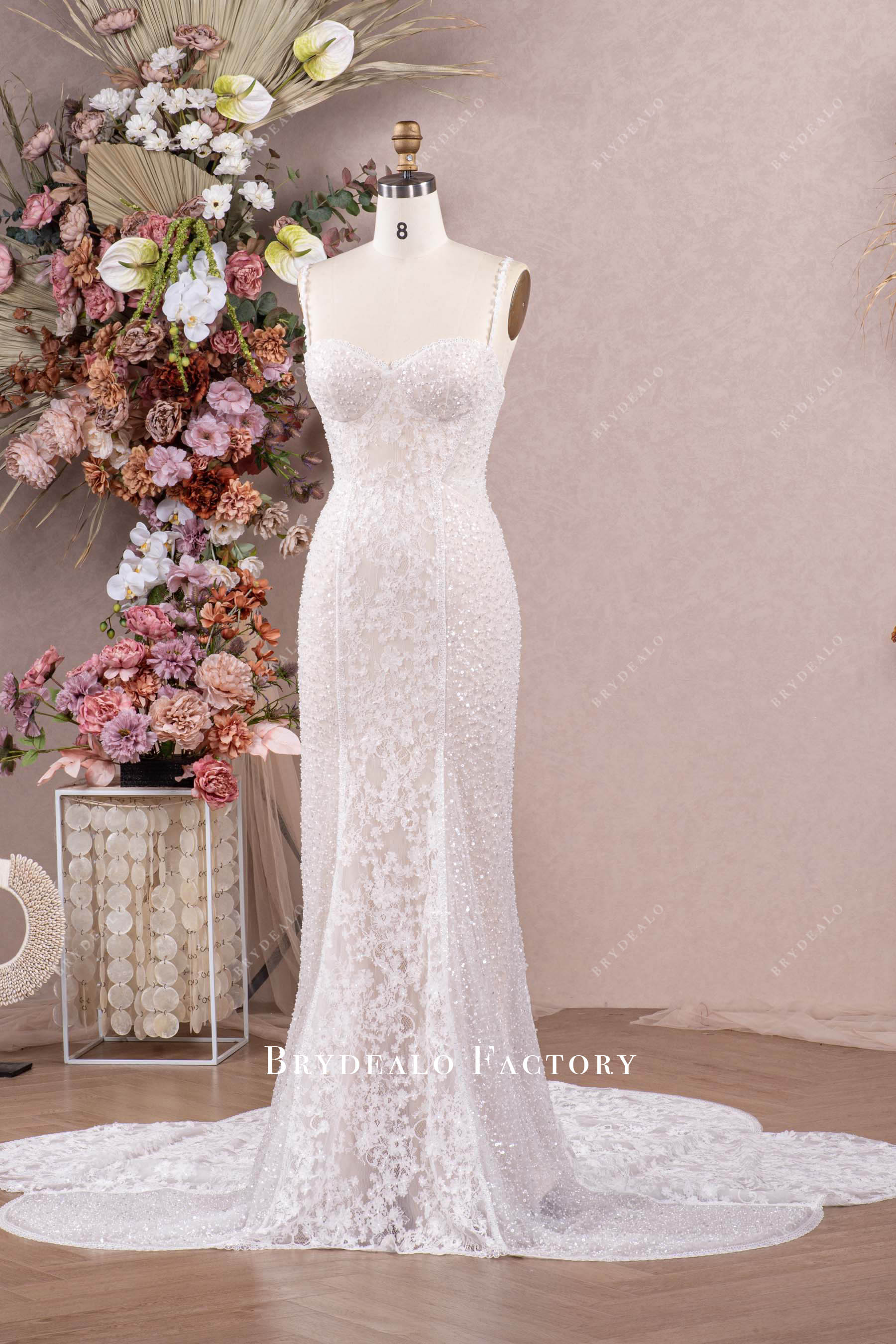 beaded lace sleeveless mermaid wedding dress