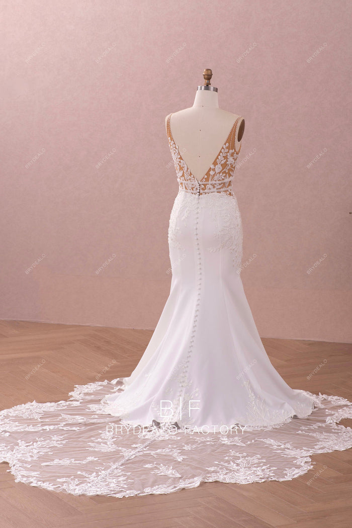 Designer Lace Crepe Plunging Illusion Cutout Train Mermaid Bridal Dress