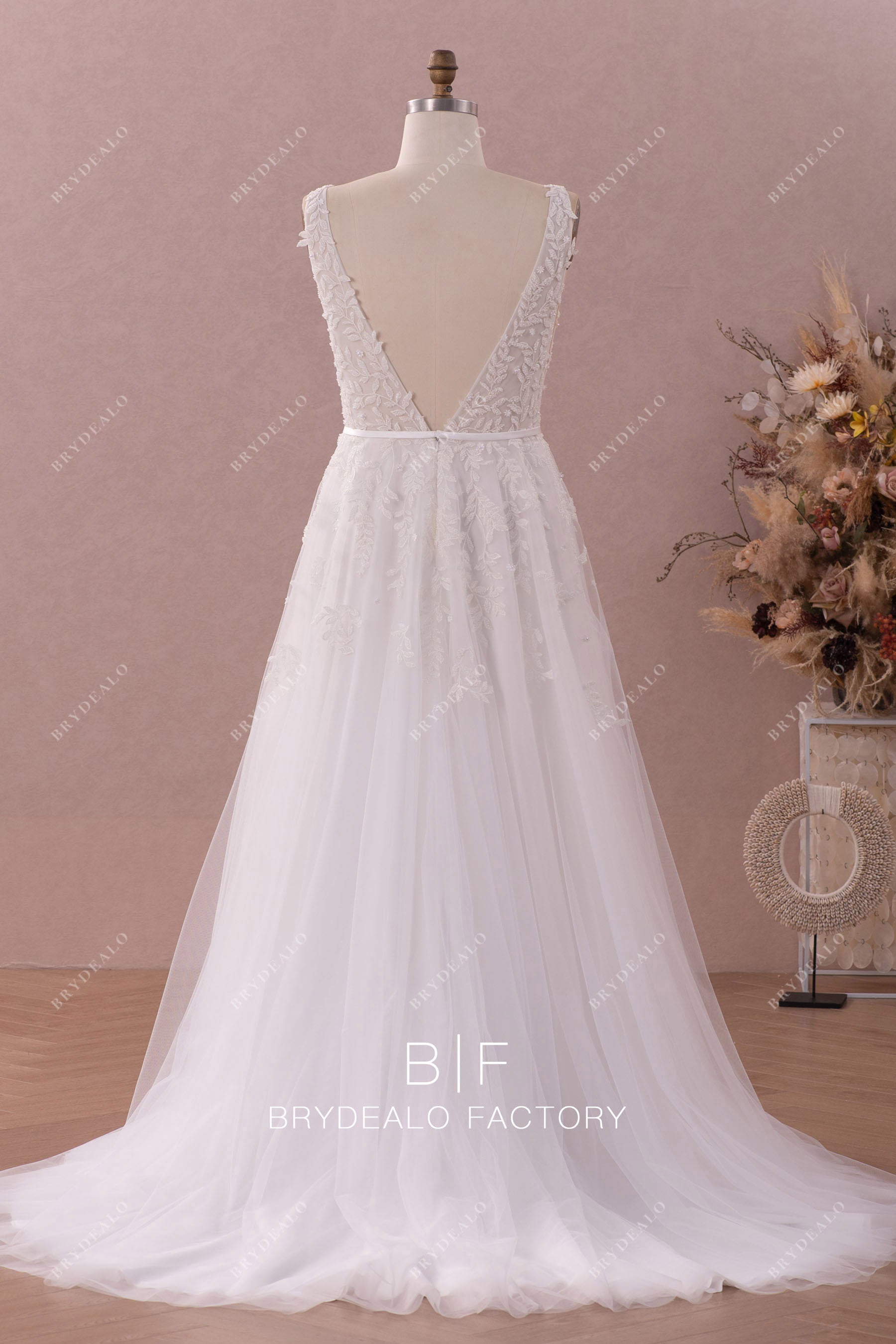 court train tulle open back wedding dress