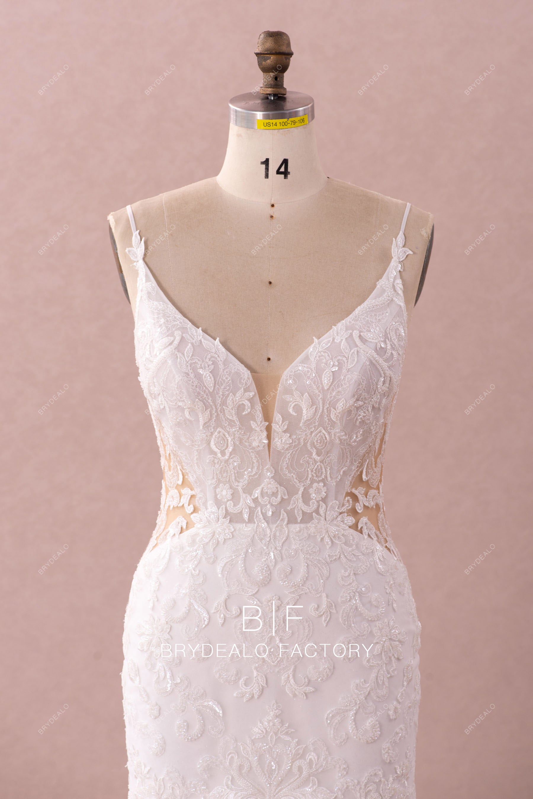 spaghetti straps beaded lace plunging designer wedding dress