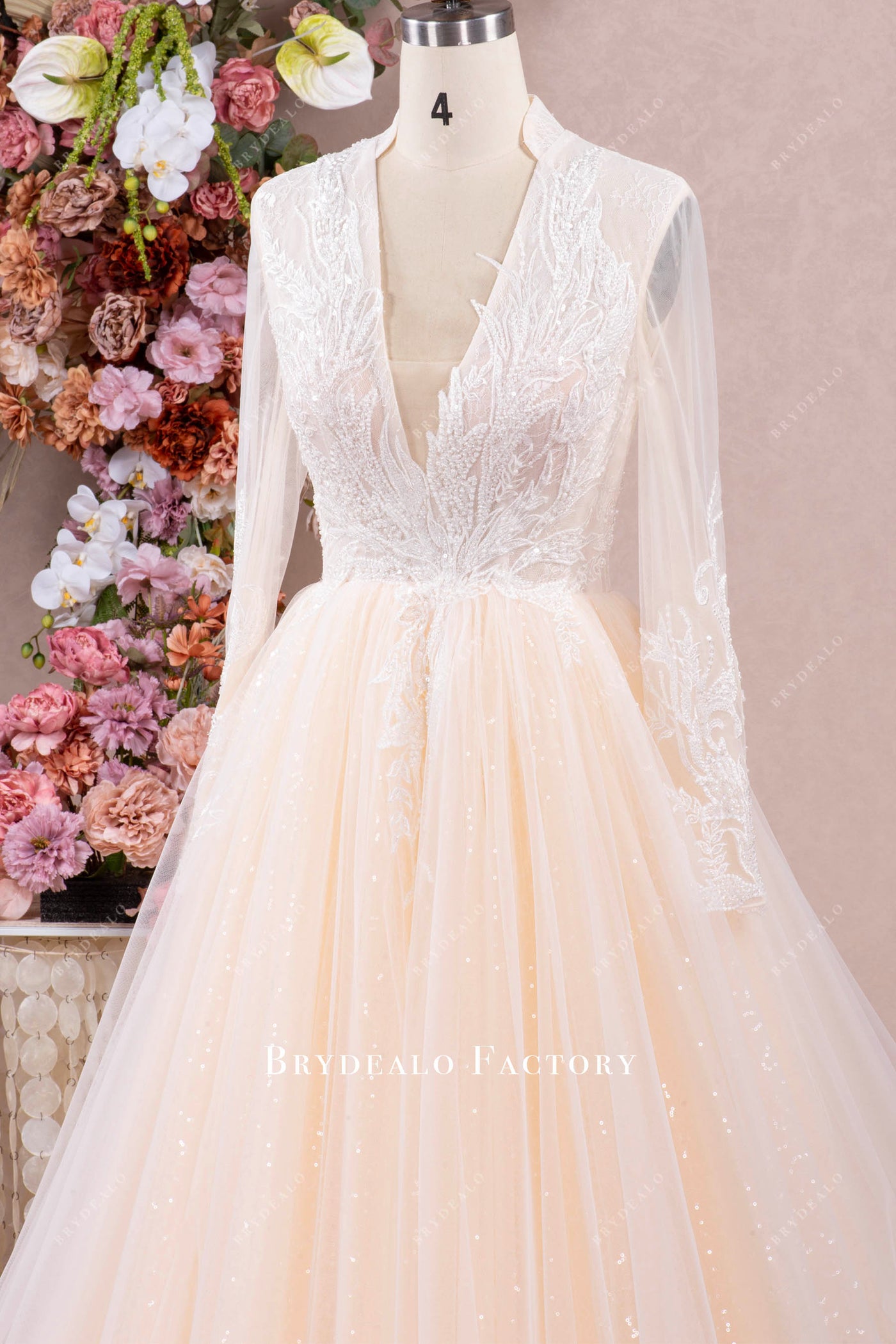 Romantic Flower Lace Plunging Neck Sparkly Wedding Ball Gown