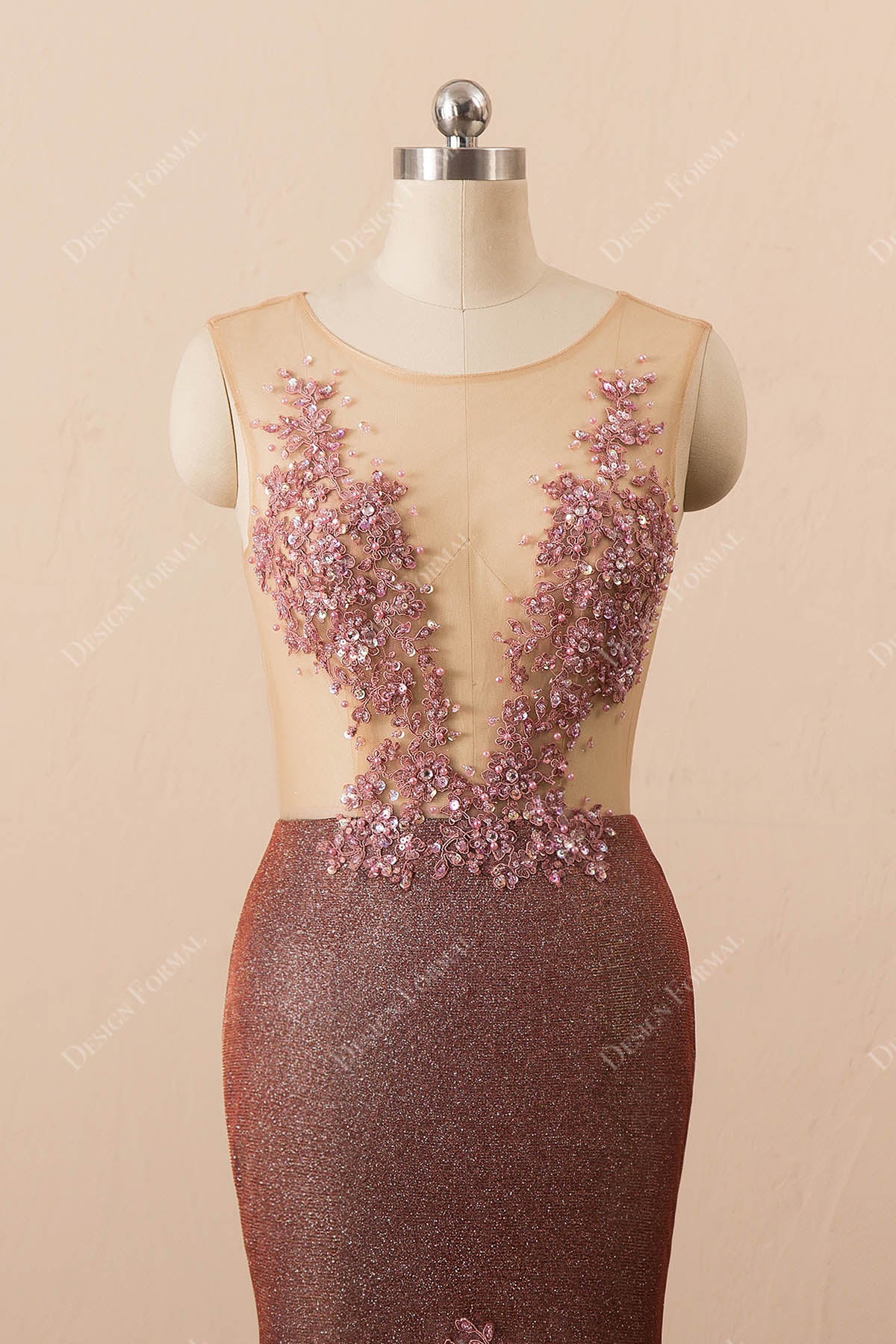 beaded lace rusty sleeveless prom dress