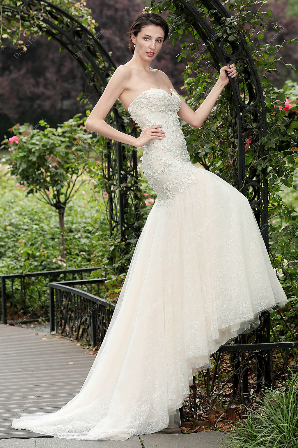 Beaded Lace Tulle Ruffled Trumpet Wedding Dress