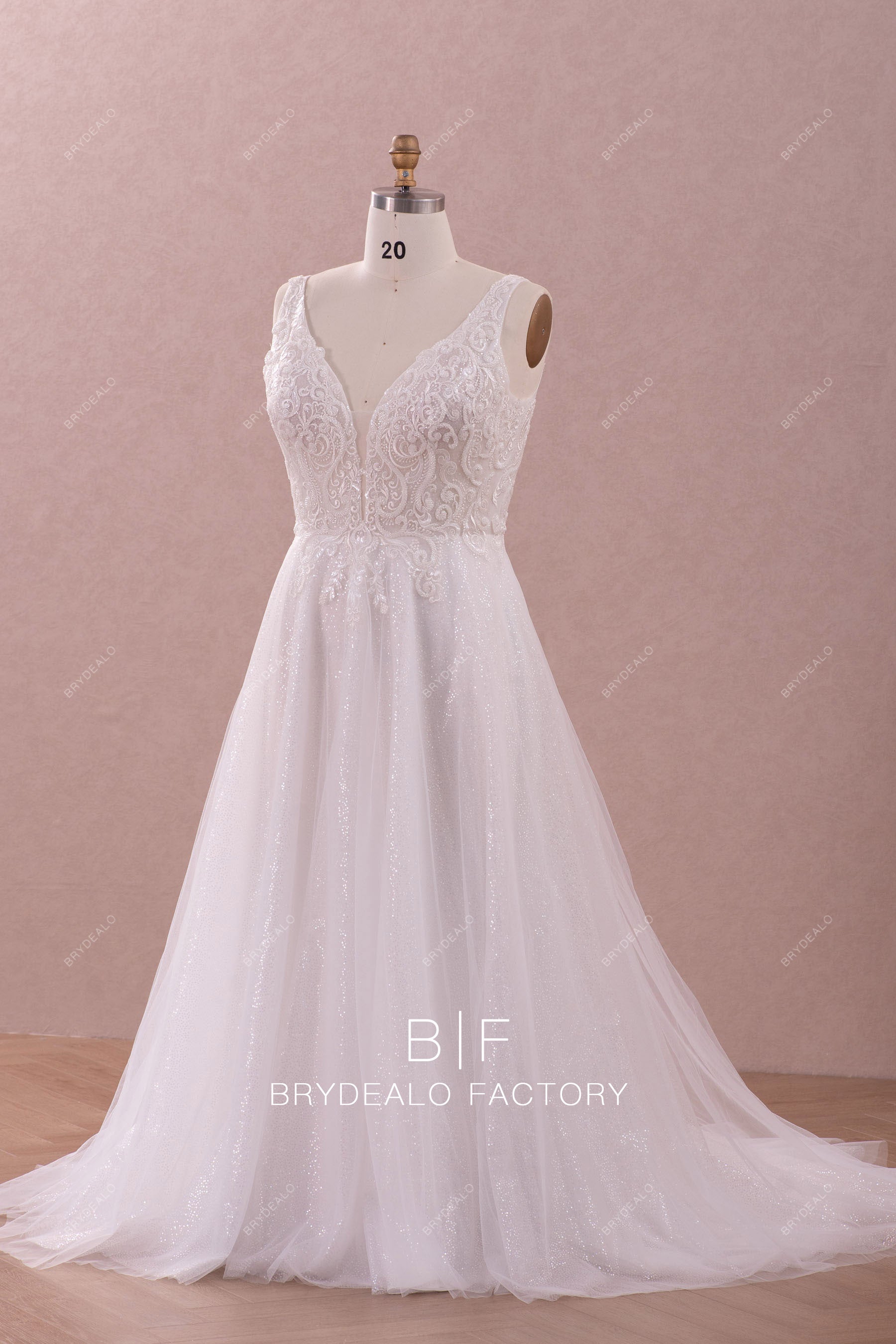 beaded lace straps shimmery tulle wedding gown