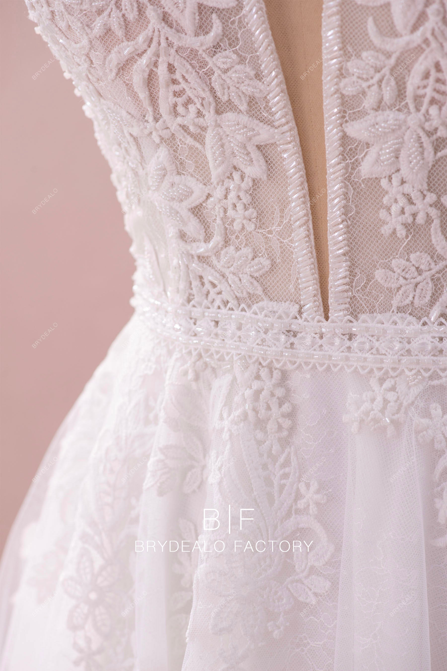 beaded lace trim waist designer wedding gown