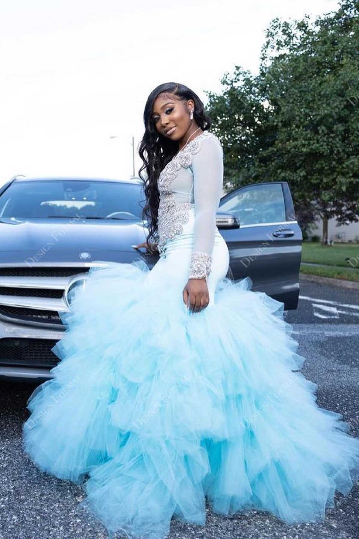 Rhinestones Embellished Sky Blue Tulle Handmade Trumpet Prom Dress