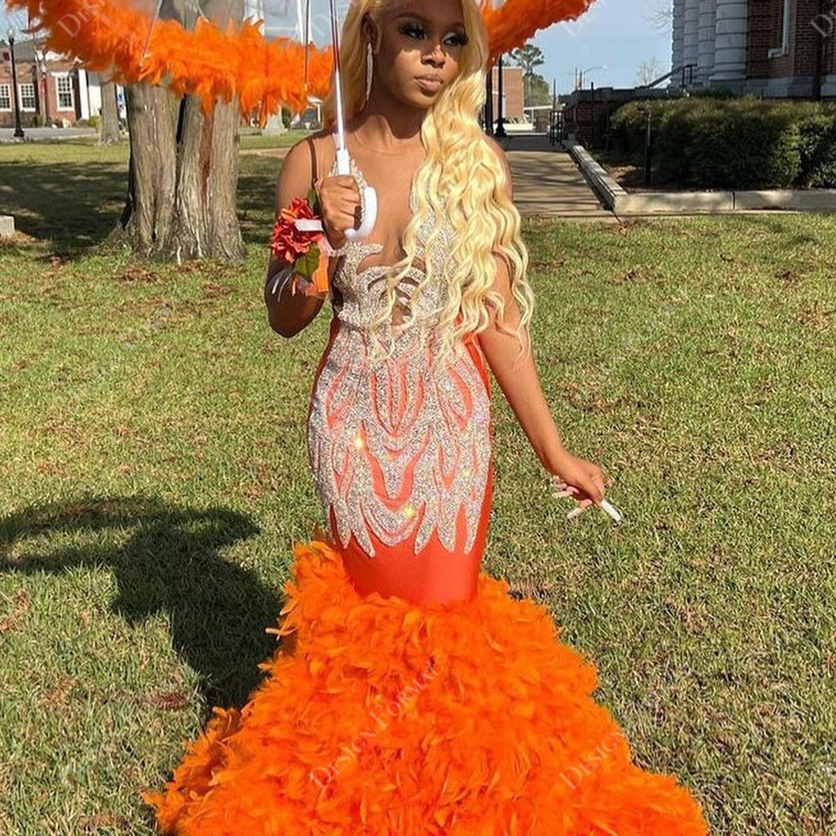 mermaid dresses Beaded Illusion Plunge Orange Turkey Feather Designer Mermaid Dress mermaid dresses Beaded Illusion Plunge Orange Turkey Feather Designer Mermaid Dress