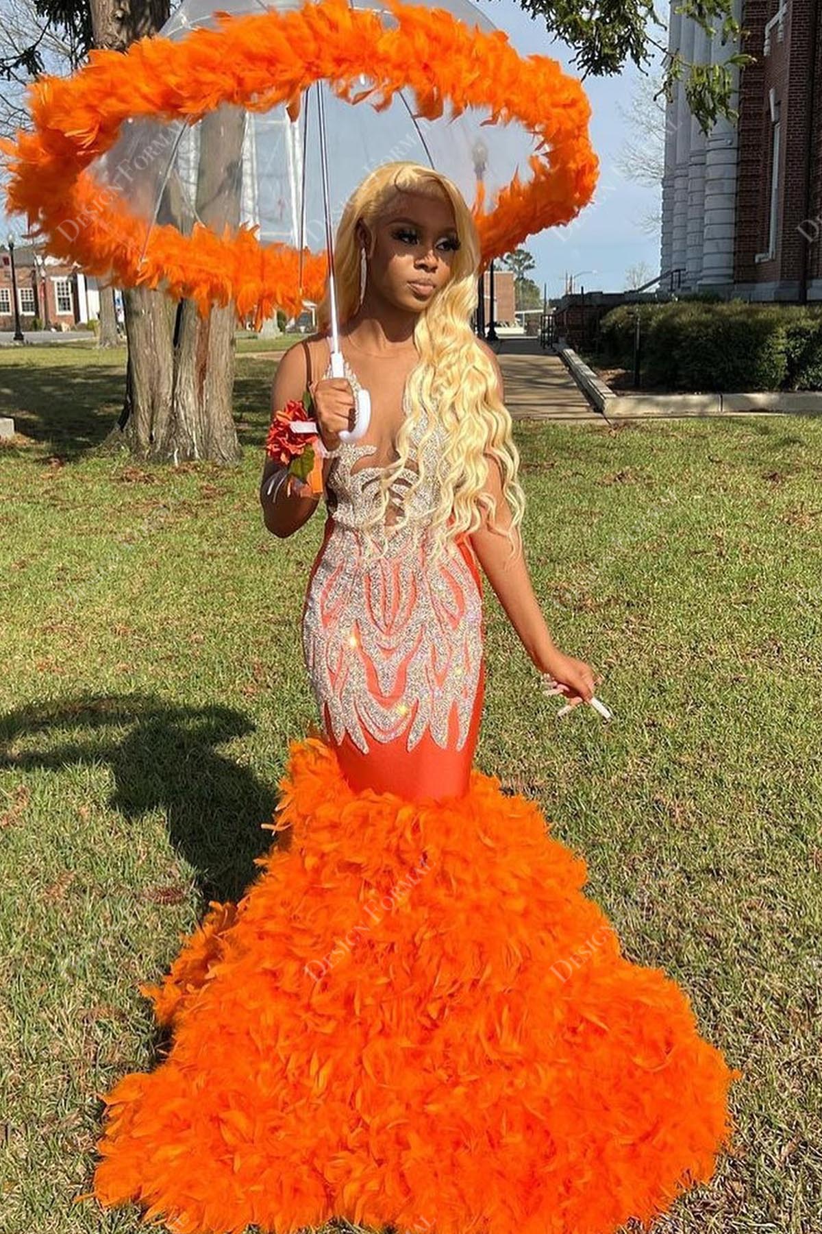 beaded plunging orange feather mermaid prom dress