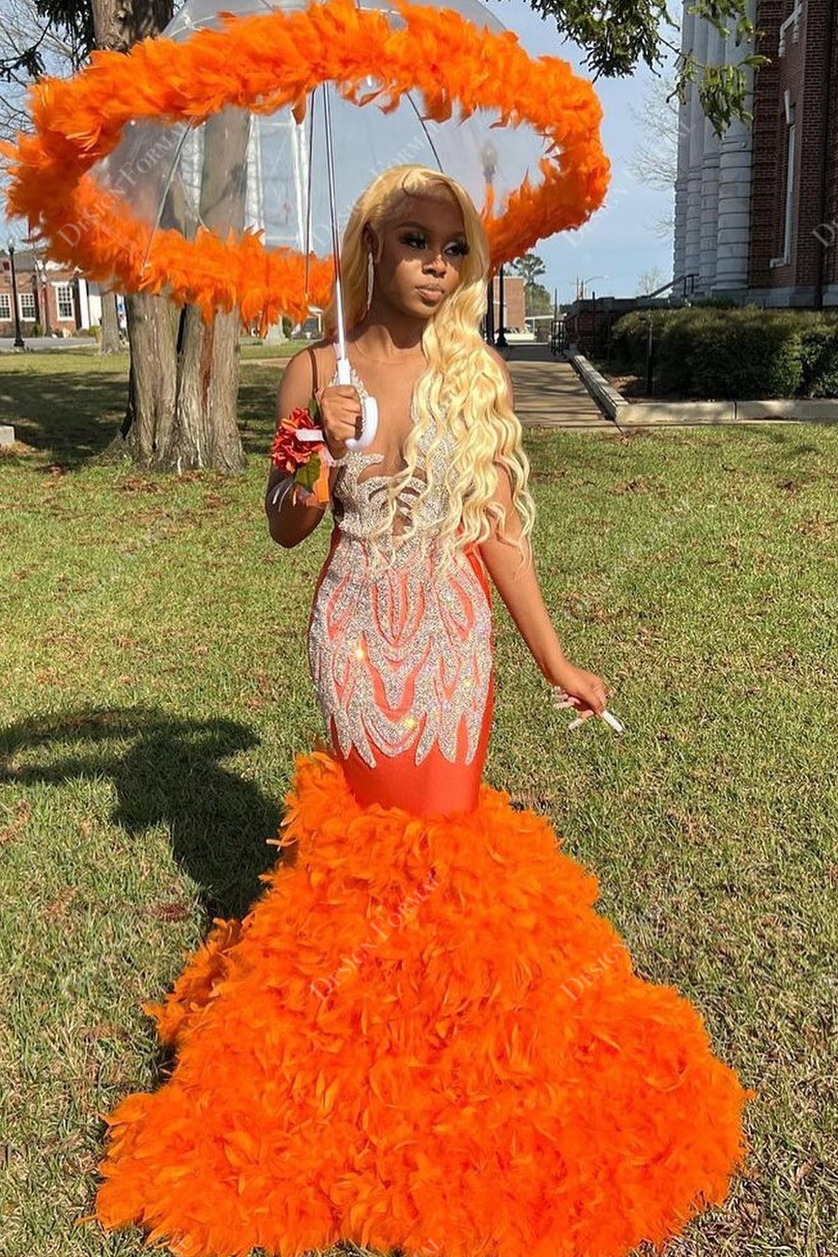 chinese dress ladies Long Beaded Orange Mermaid Prom Dress with Sparkly Ruffles and Strapless Corset main image 1