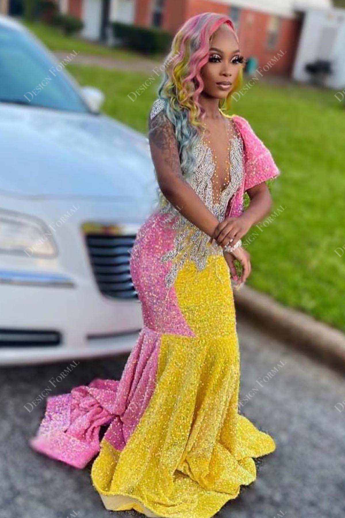 plunging beaded yellow and pink glitter mermaid prom dress
