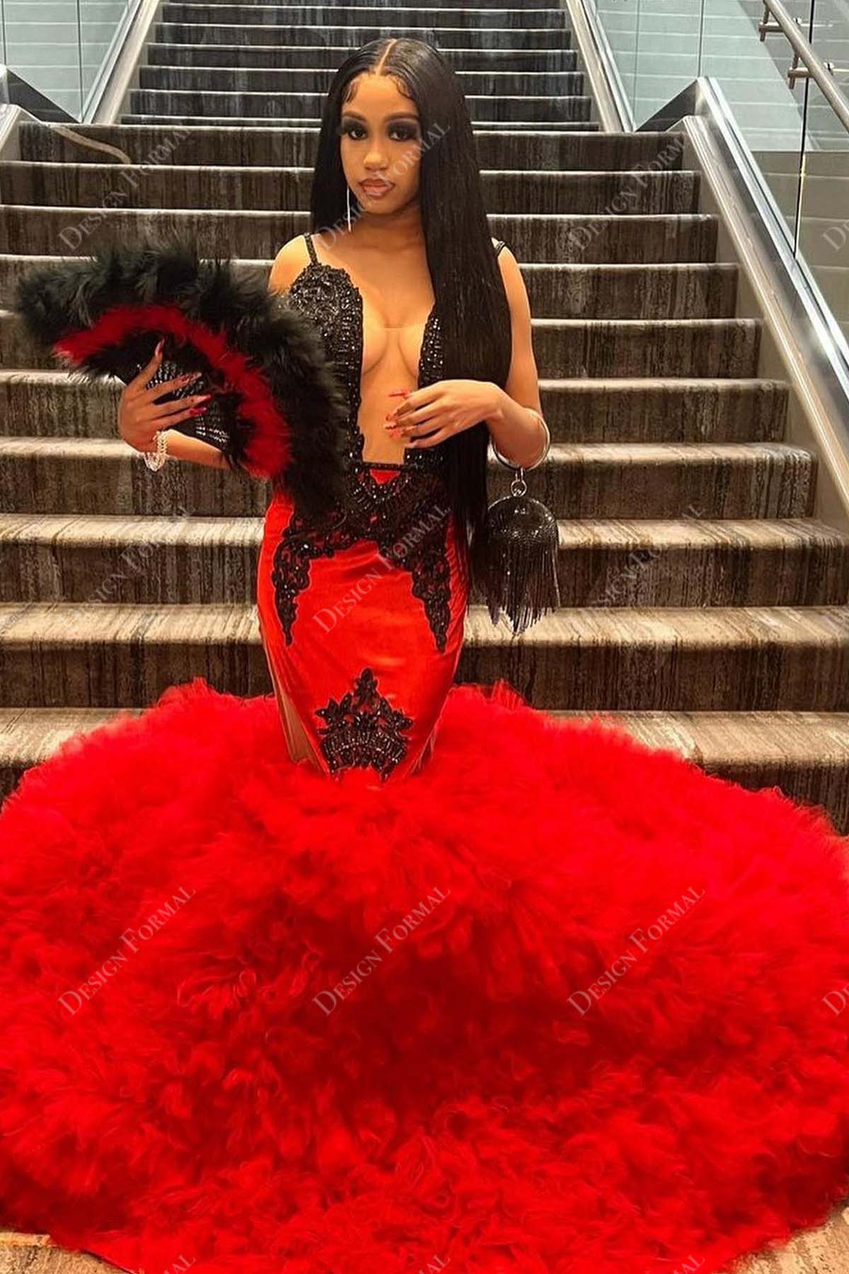 black beaded plunging thin straps red ruffled tulle trumpet long prom dress