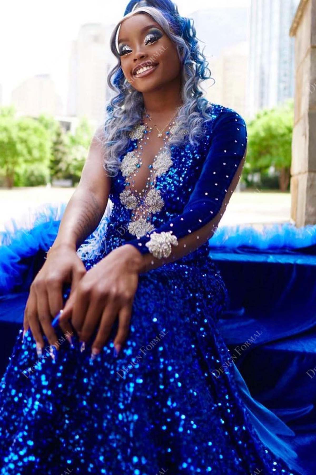 beaded royal blue sequin velvet one sleeve mermaid feather prom gown