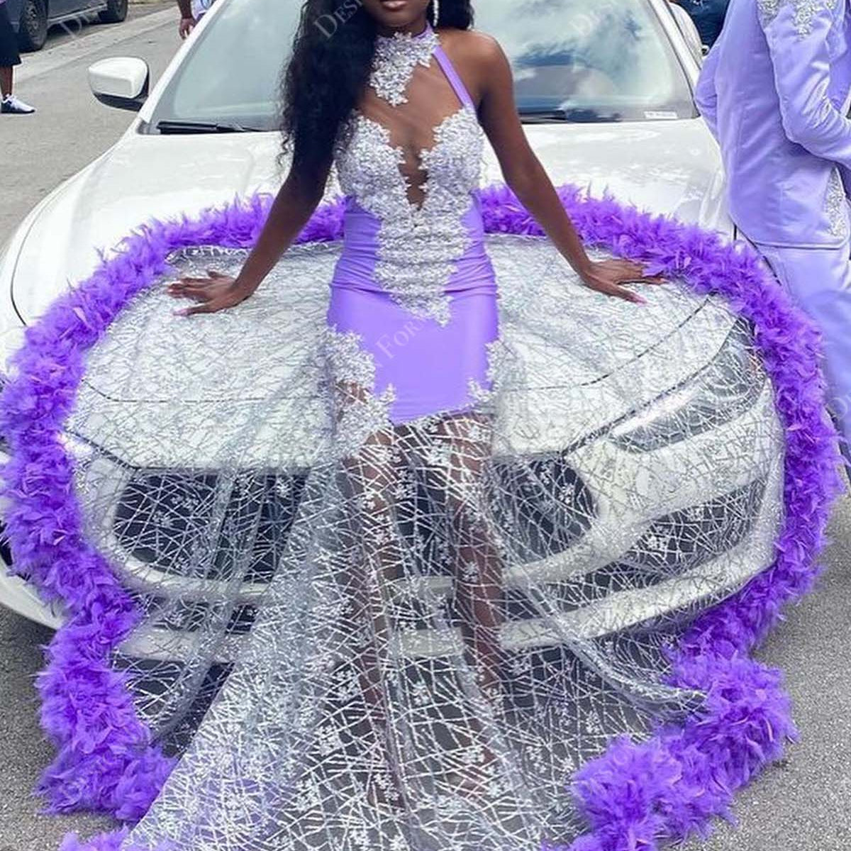 Illusion Halter Violet Feather Custom Glitter Mermaid Prom Dress Illusion Halter Violet Feather Custom Glitter Mermaid Prom Dress