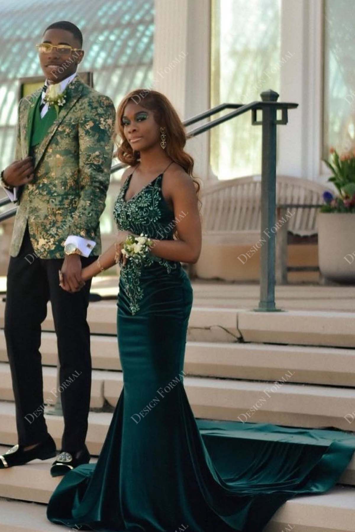 beaded sleeveless emerald spaghetti straps satin mermaid prom dress