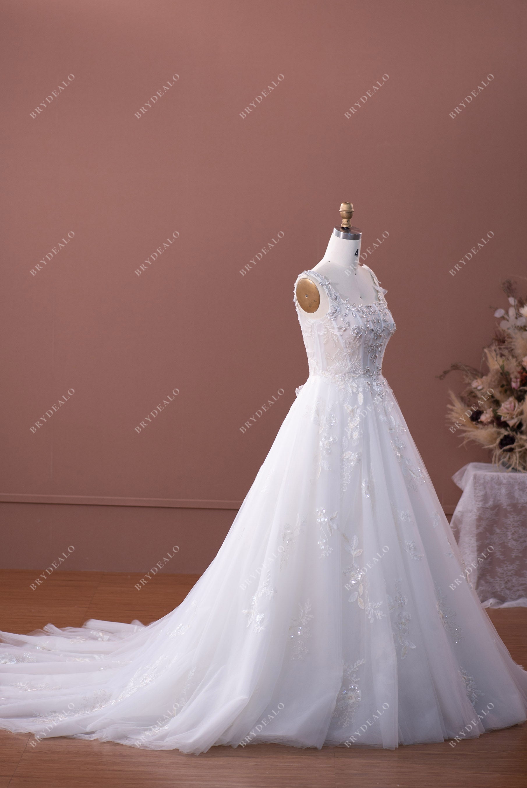 sleeveless chapel train lace tulle long bridal gown