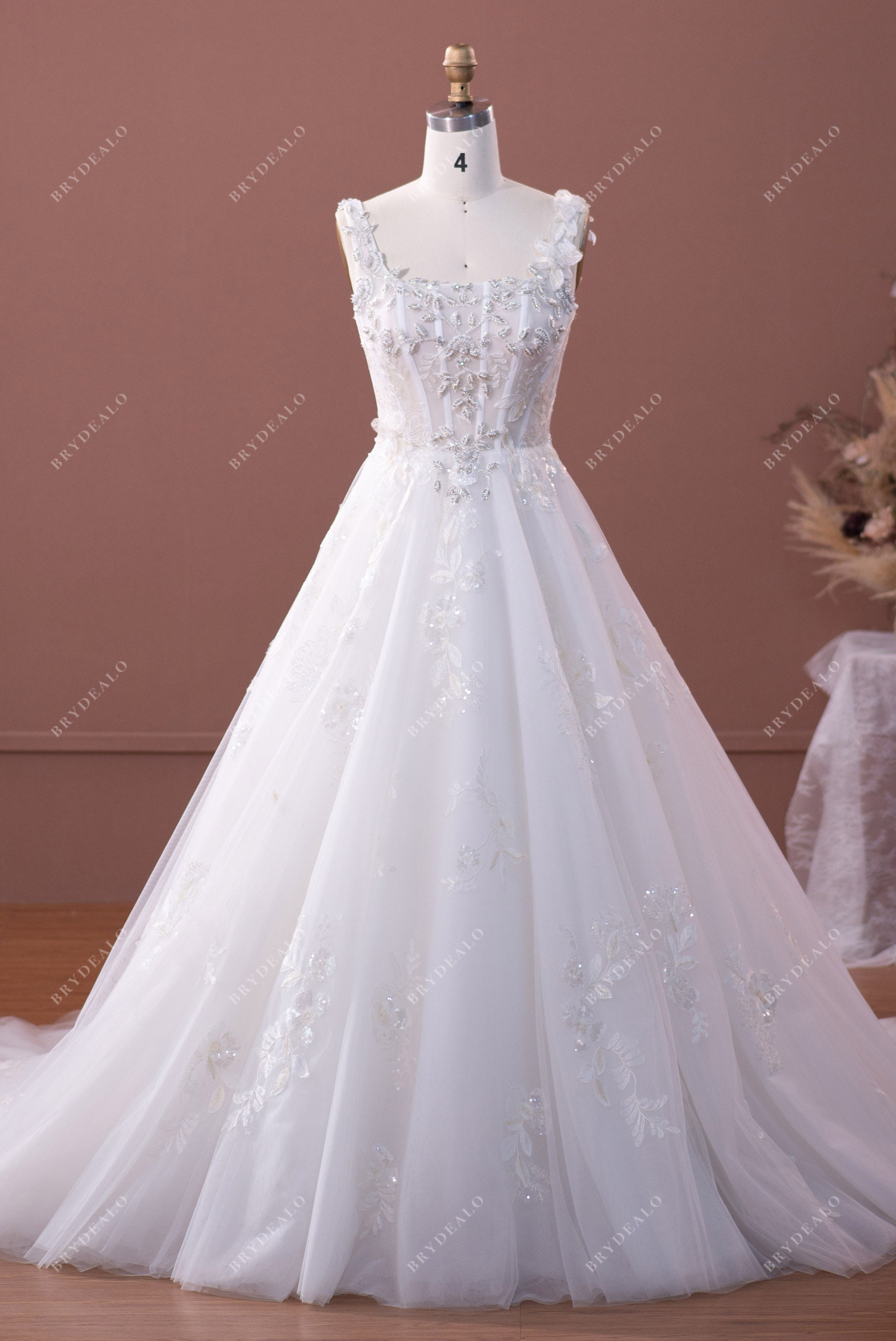 beaded straps lace princess puffy tulle wedding dress