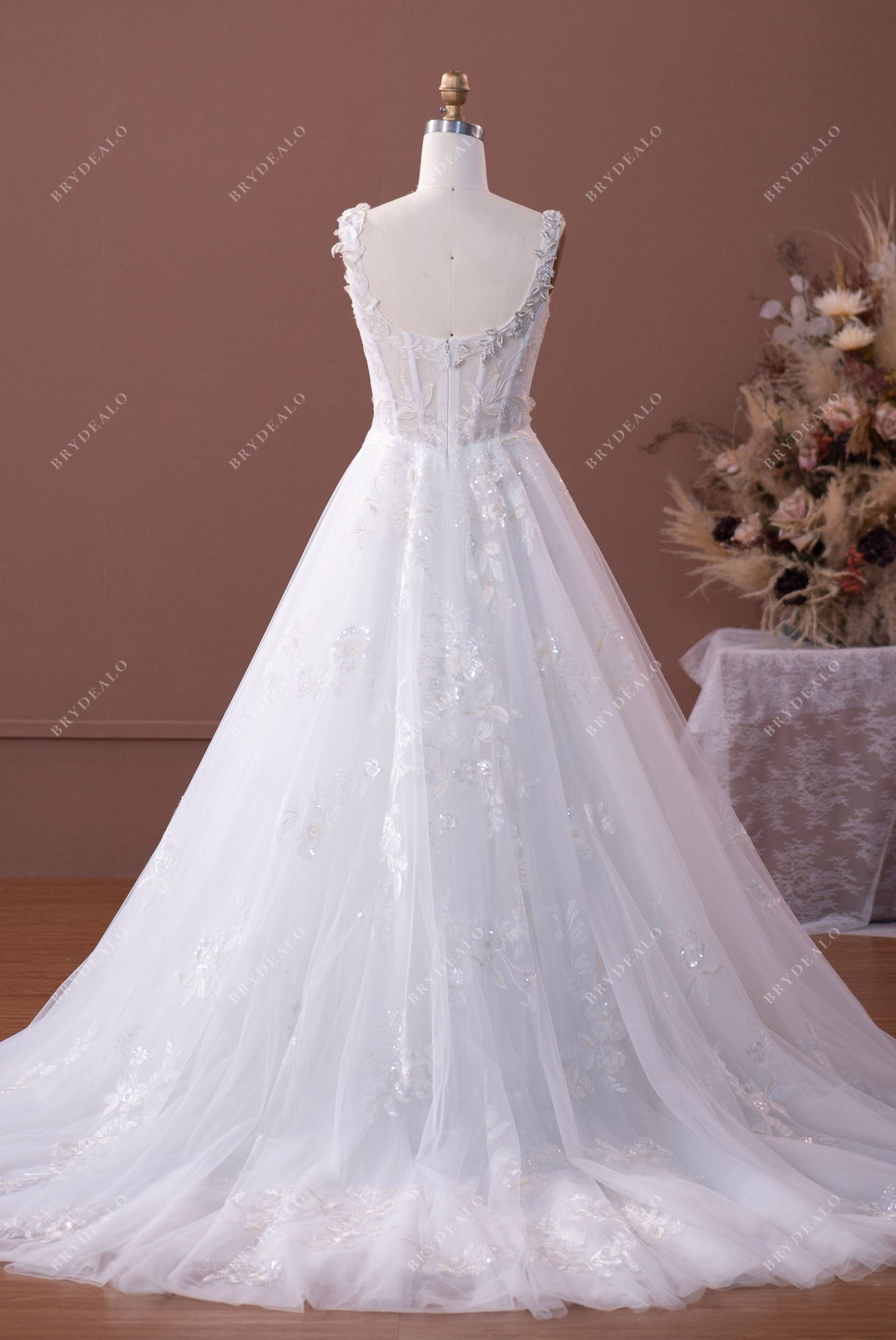 Fairy Strapless Blue Tulle 3D Flowers Beaded Ball Gown Pretty Long Wedding Dress