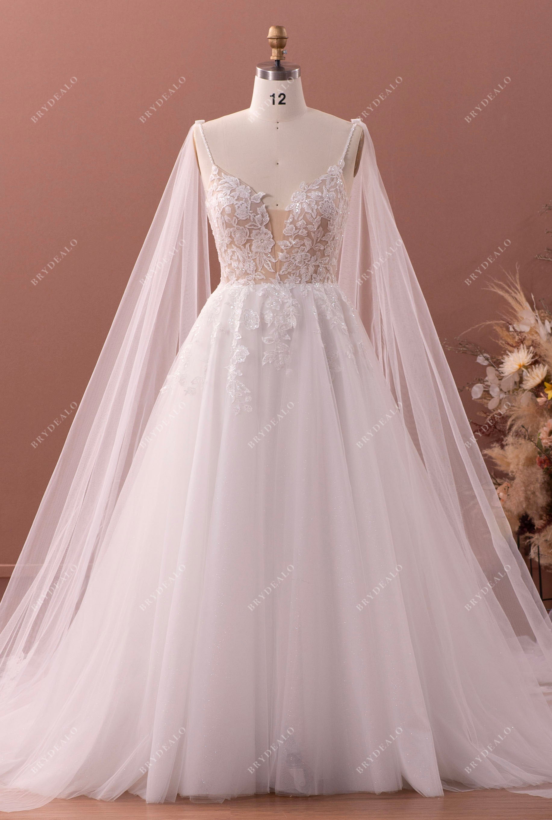 Designer Plunging Neck Lace Tulle Watteau Train Wedding Dress