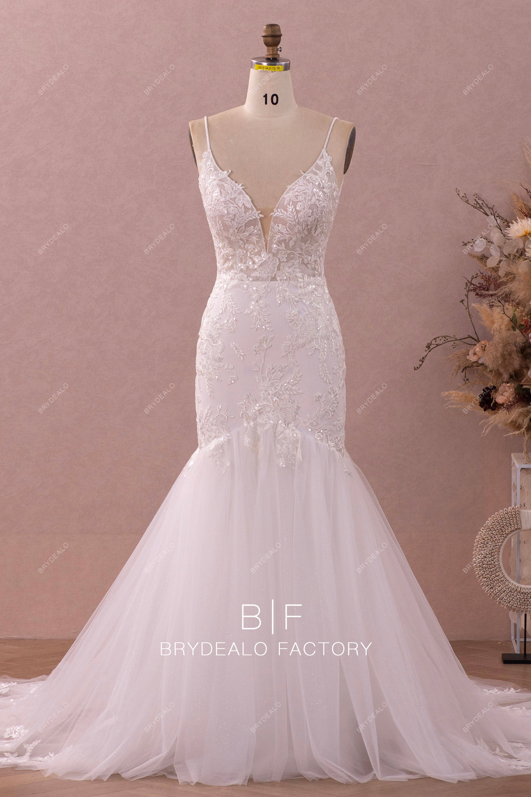 tulle trumpet beaded straps plunging lace bridal gown