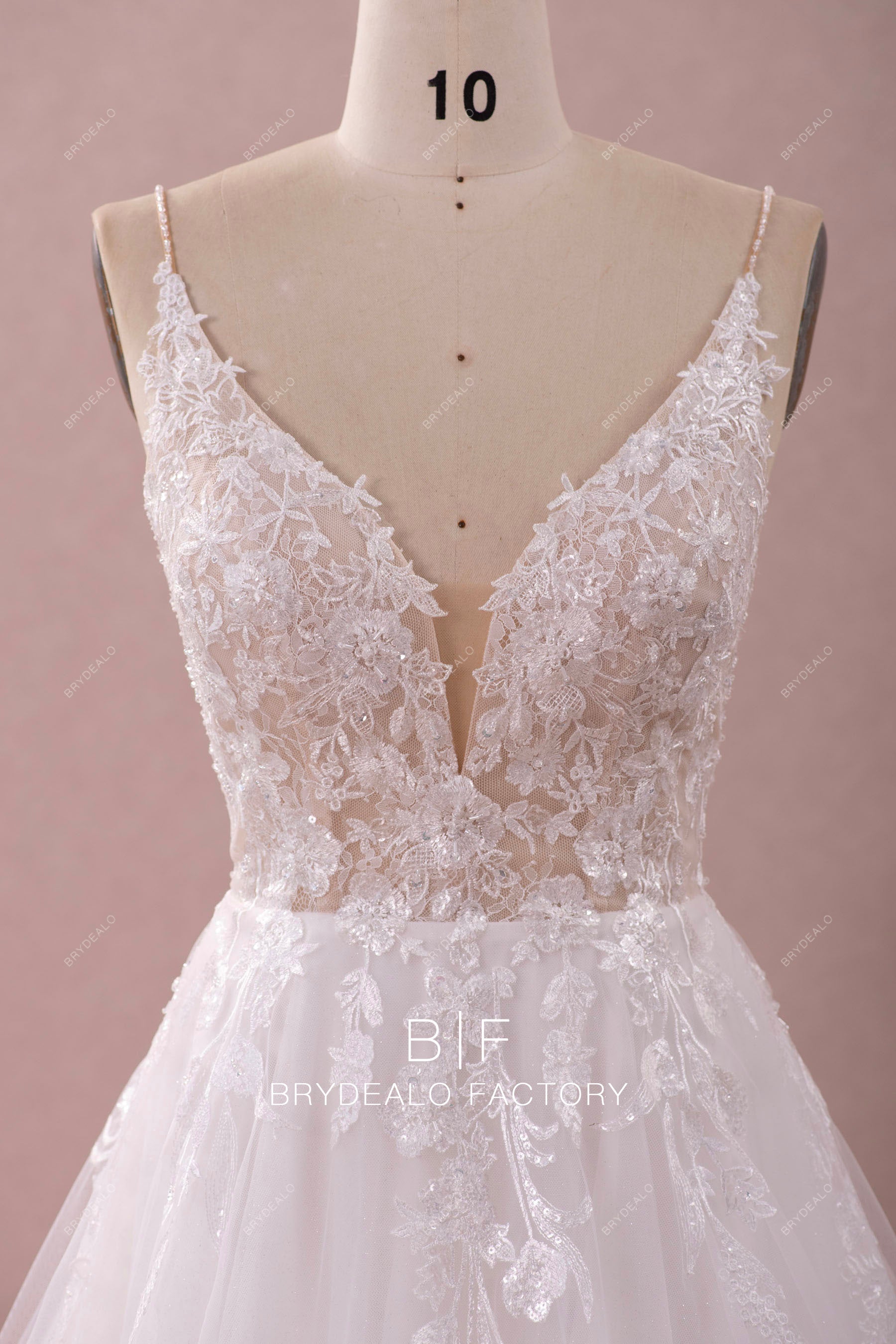 beaded straps plunging neck designer wedding dress