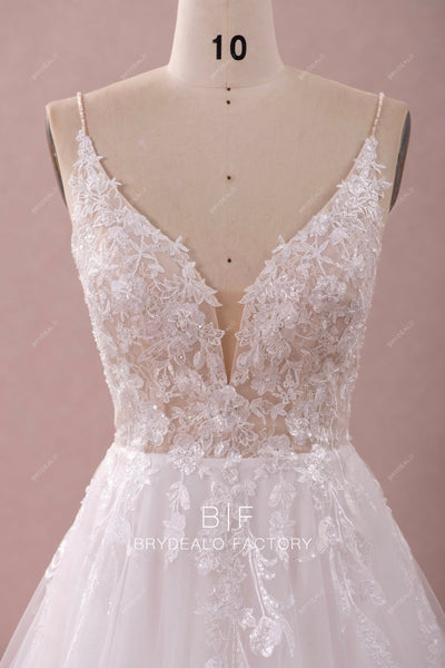 Designer Beaded Strap Plunging Shimmery Lace A-line Nude Wedding Dress