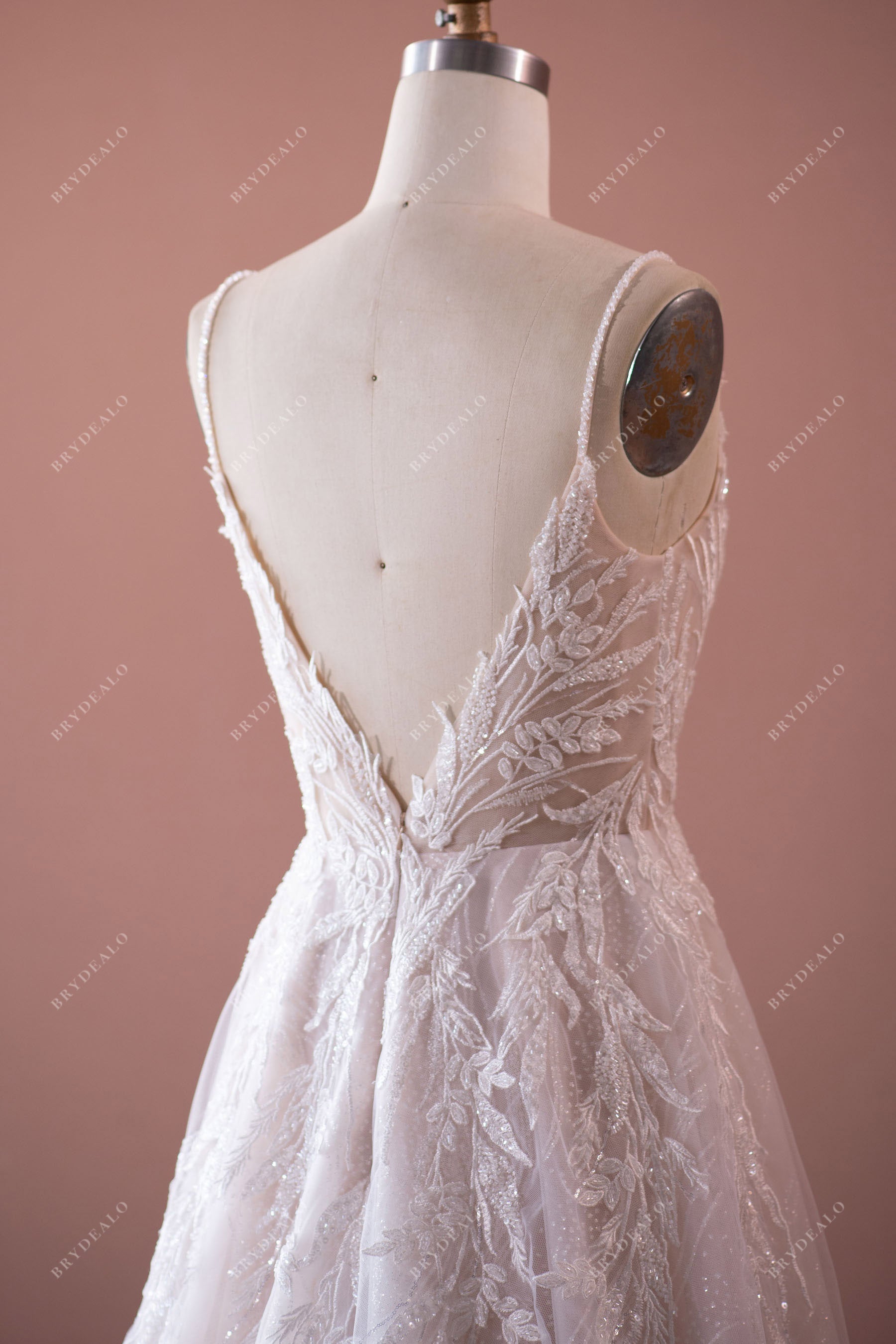 Beaded Strap Open V-back Lace Wedding Dress