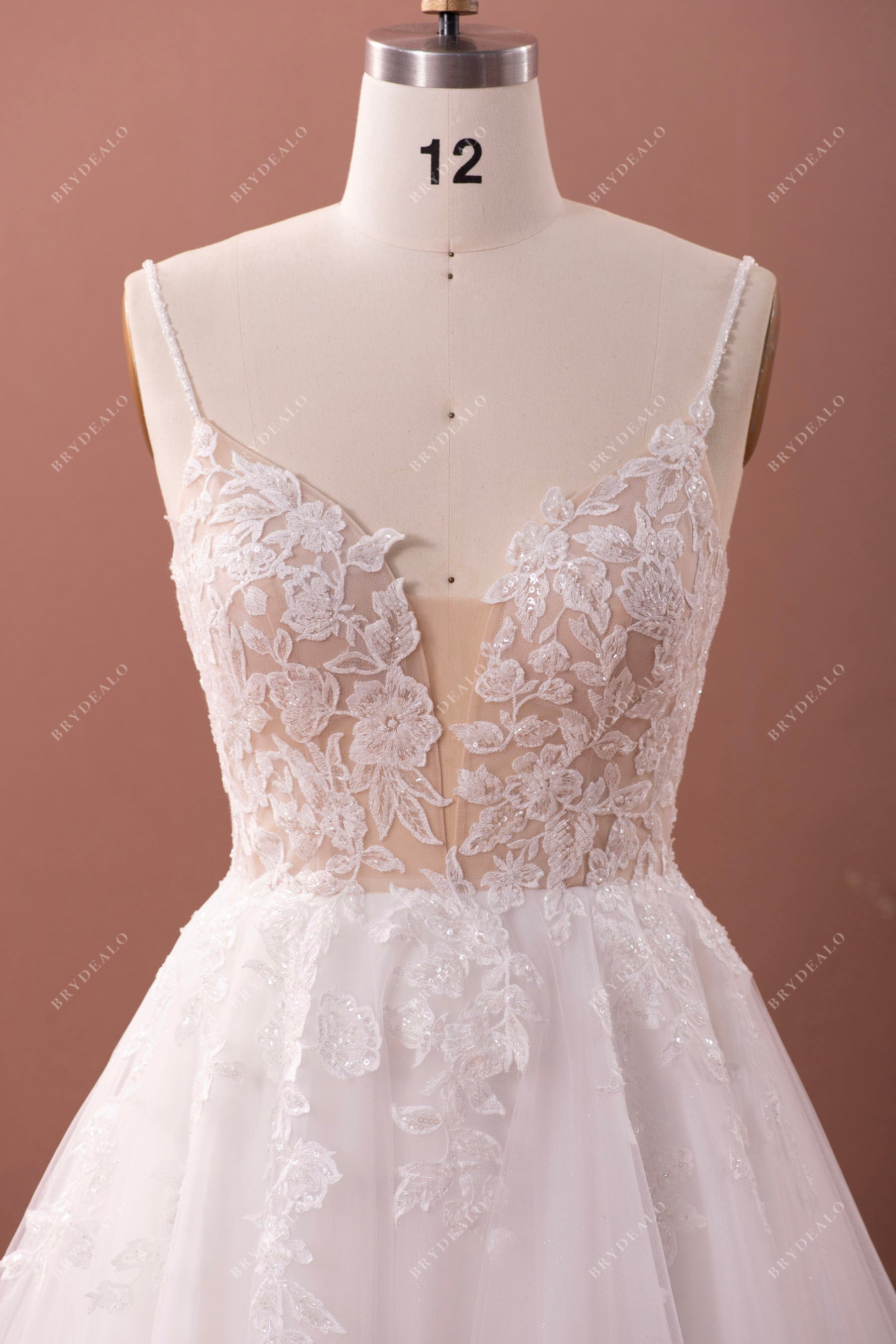beaded thin straps designer lace bridal gown
