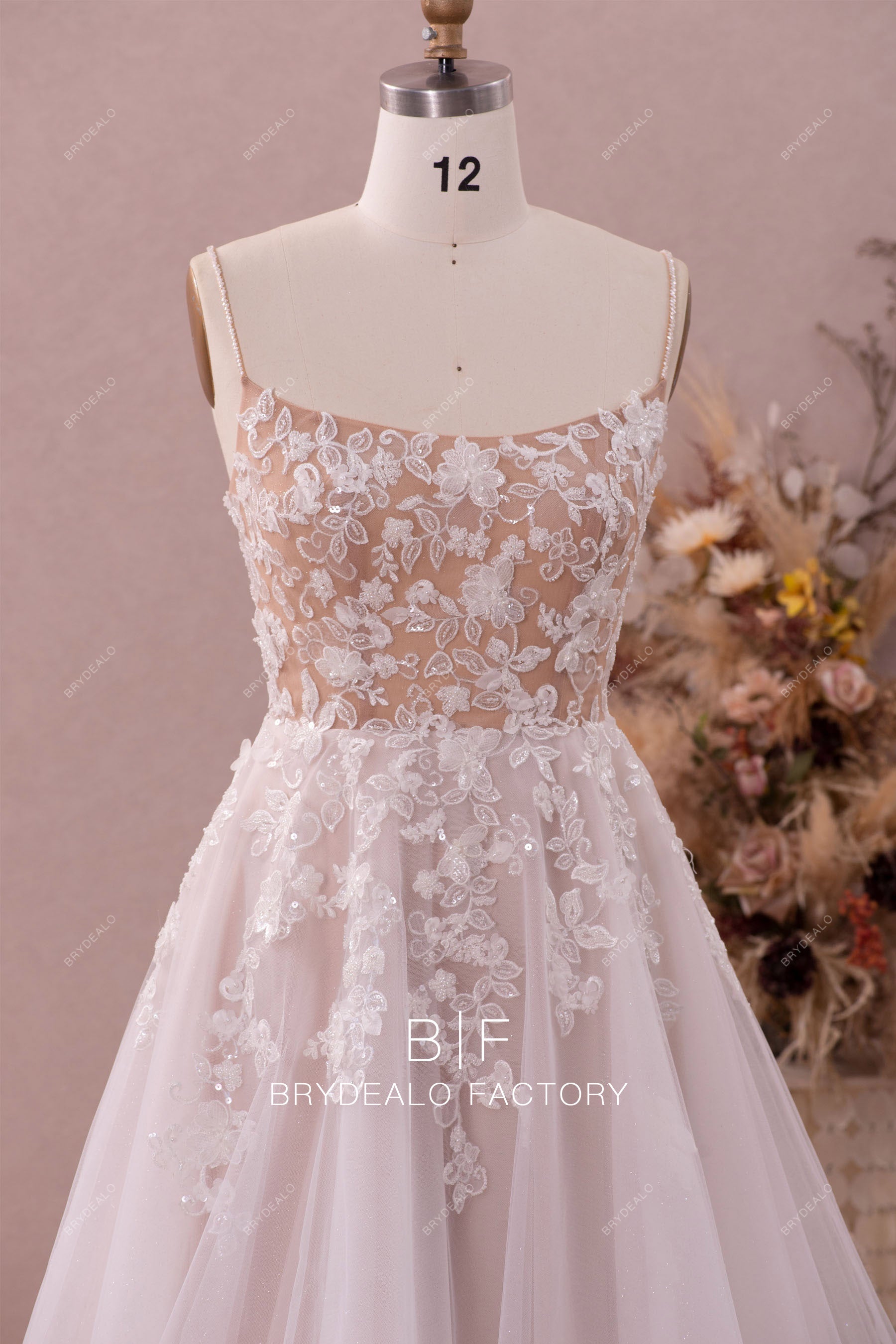 beaded spaghetti straps flower lace wedding dress
