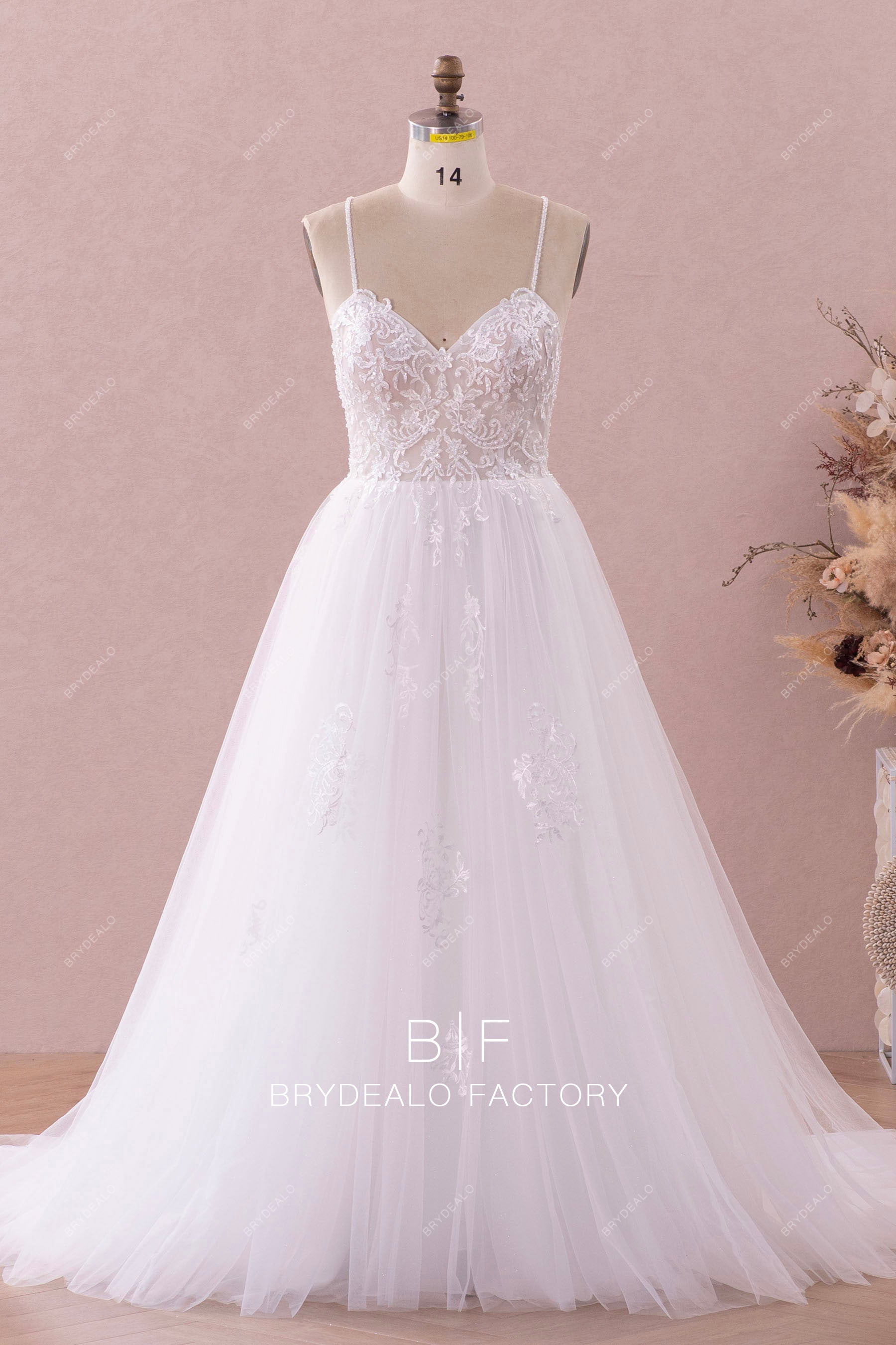 beaded straps sweetheart lace tulle wedding dress